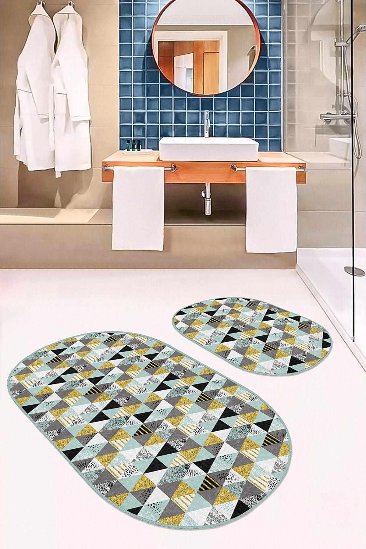 Set di 2 Tappetini da bagno antiscivolo Ebru BPS561 Oval Multicolore, 100 x 60 cm / 60 x 50 cm (1)