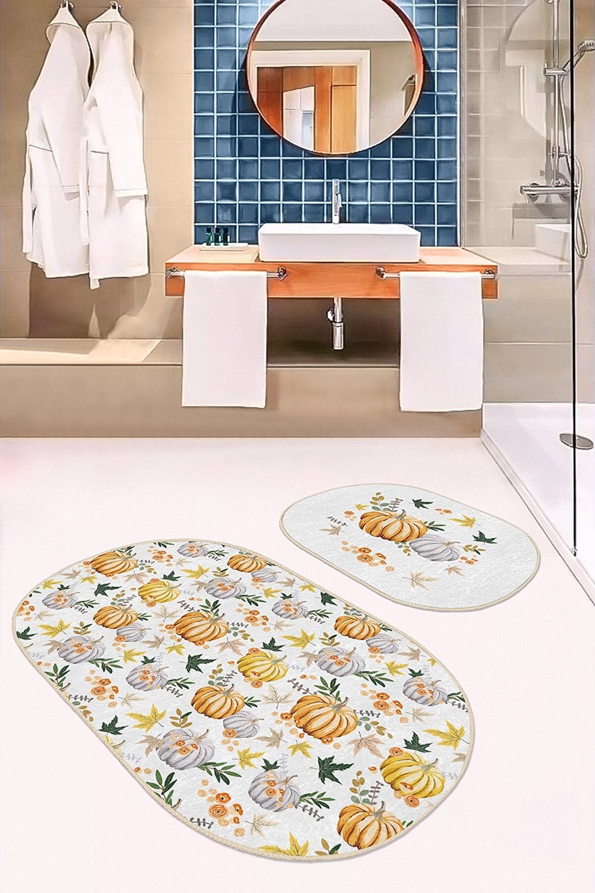 Set di 2 Tappetini da bagno antiscivolo Ebru BPS563 Oval Multicolore, 100 x 60 cm / 60 x 50 cm