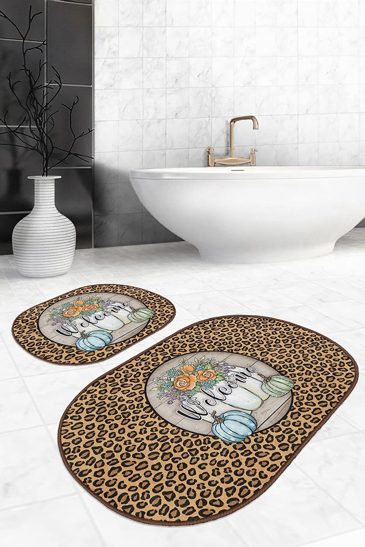 Set di 2 Tappetini da bagno antiscivolo Eda BPS599 Oval Multicolore, 100 x 60 cm / 60 x 50 cm