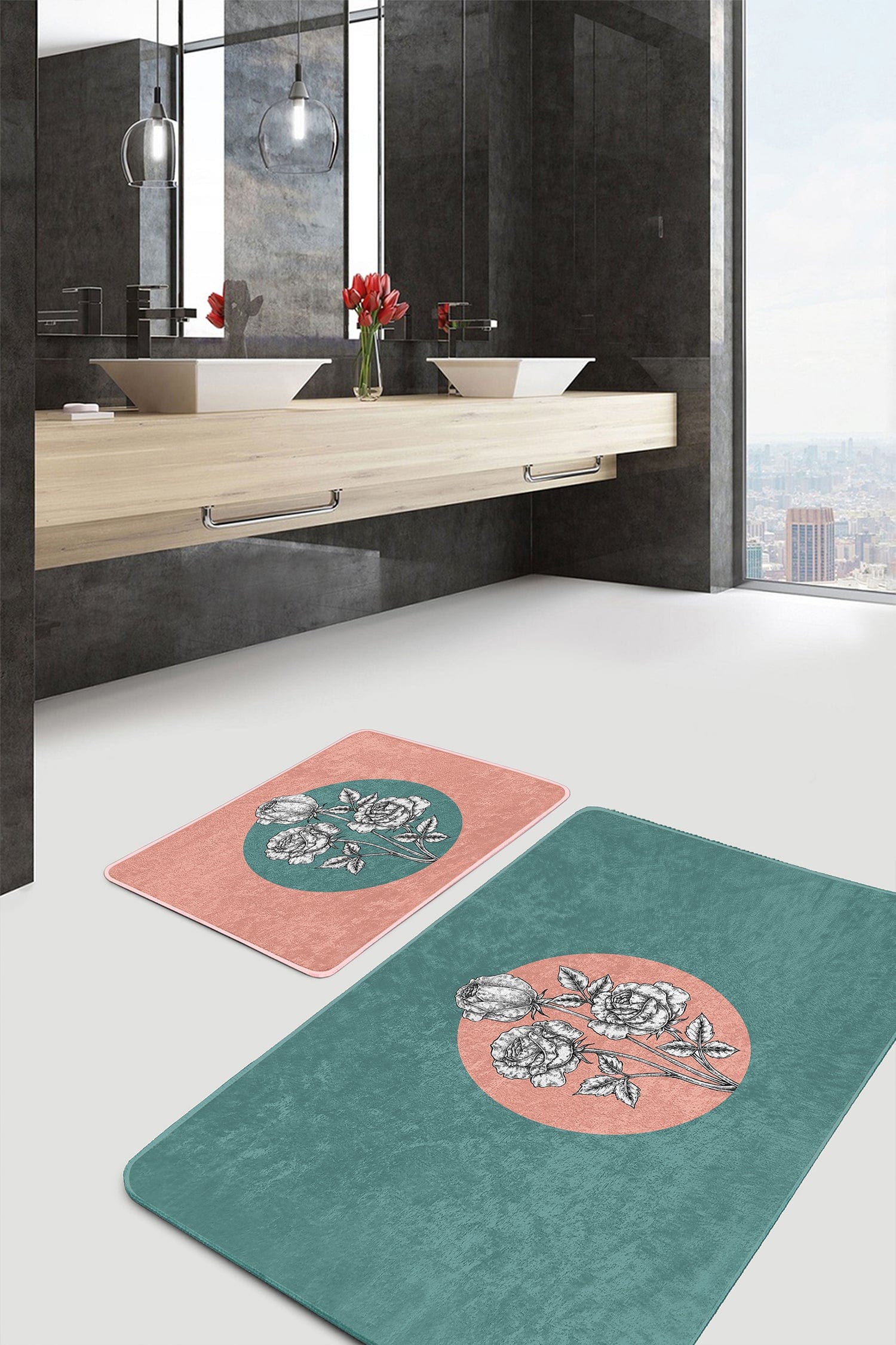Set di 2 Tappetini da bagno antiscivolo Emir BPS433 Rectangle Multicolore, 100 x 60 cm / 60 x 50 cm
