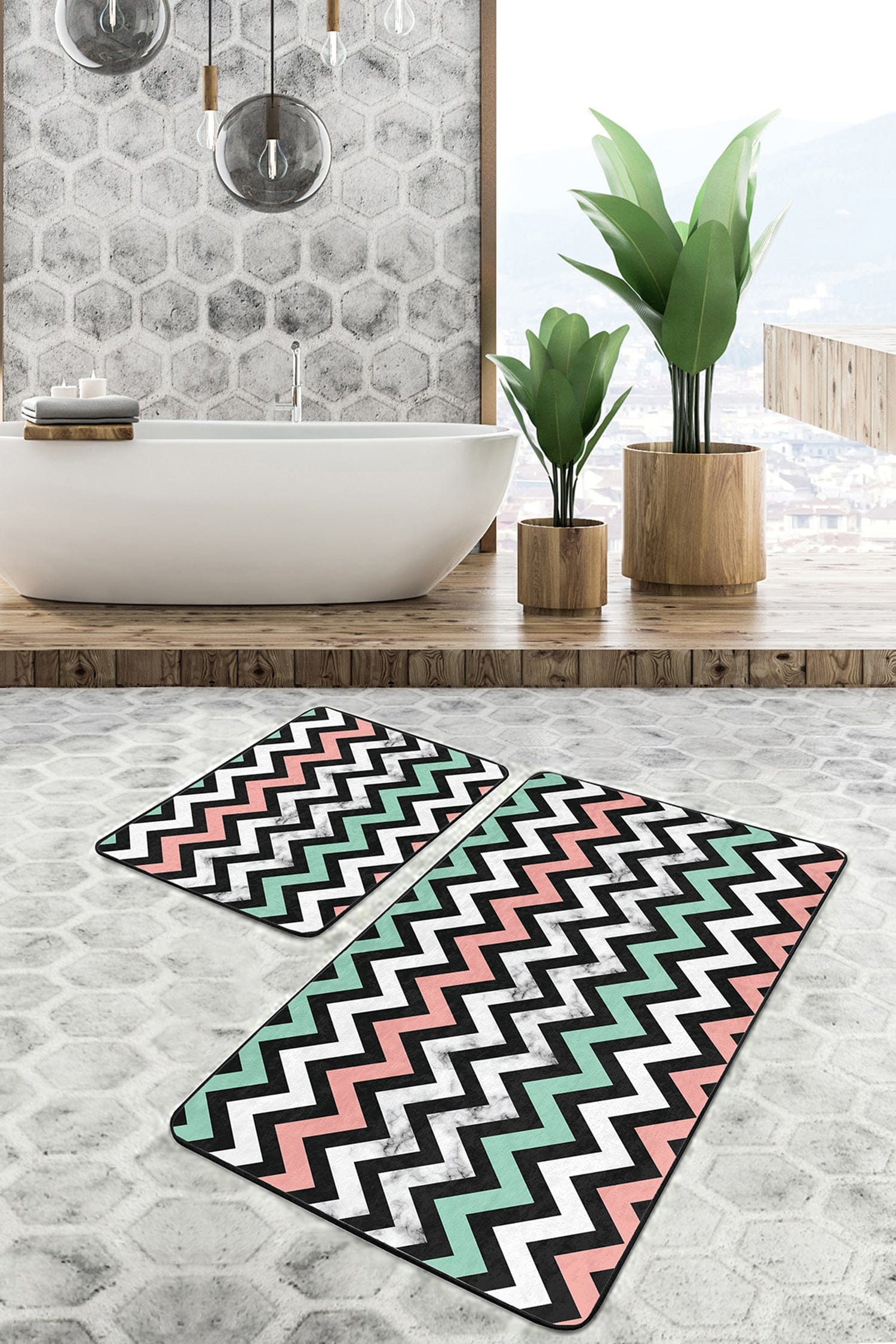 Set di 2 Tappetini da bagno antiscivolo Farah BPS132 Rectangle Multicolore, 100 x 60 cm / 60 x 50 cm (2)