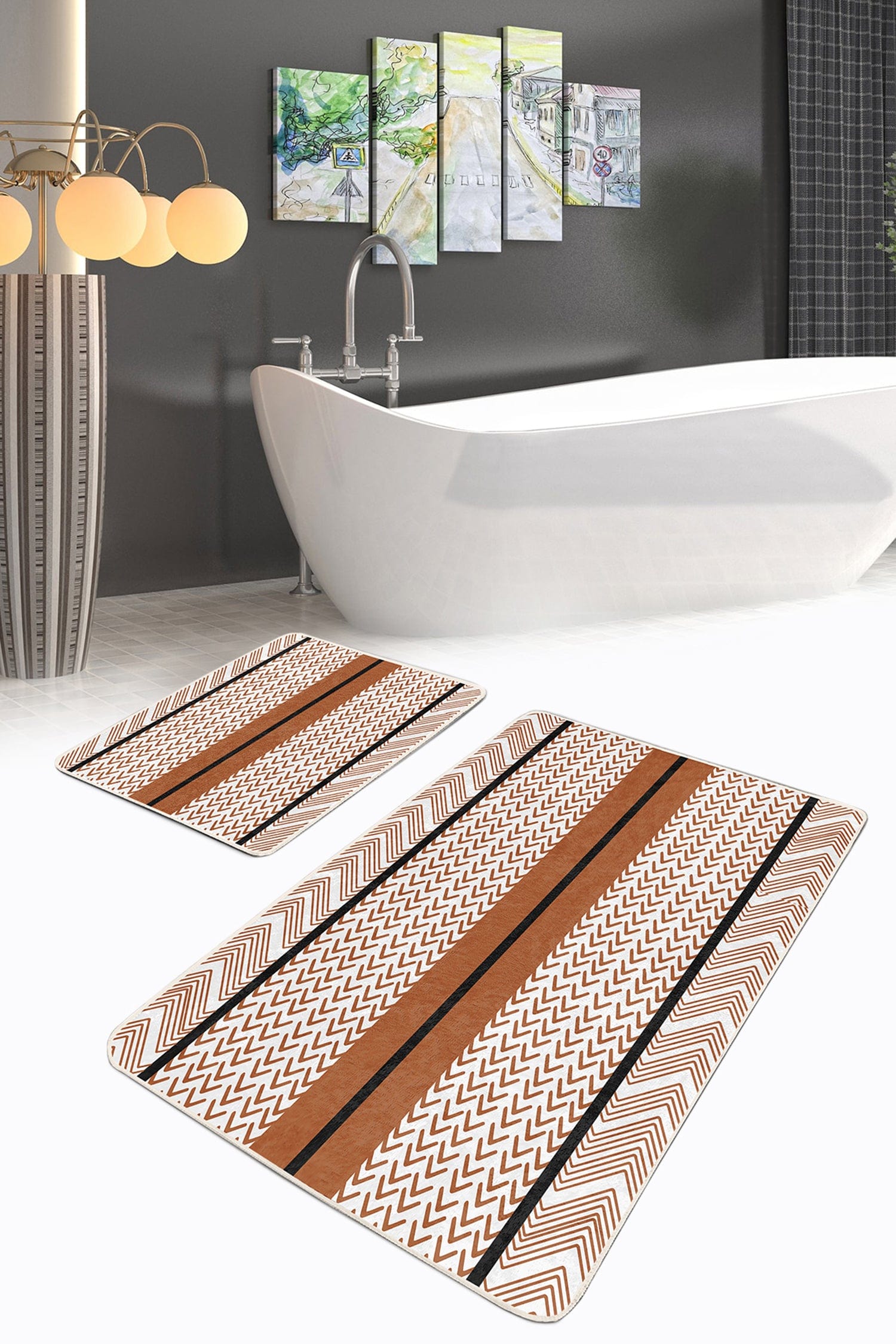 Set di 2 Tappetini da bagno antiscivolo Ferhat BPS368 Rectangle Multicolore, 100 x 60 cm / 60 x 50 cm