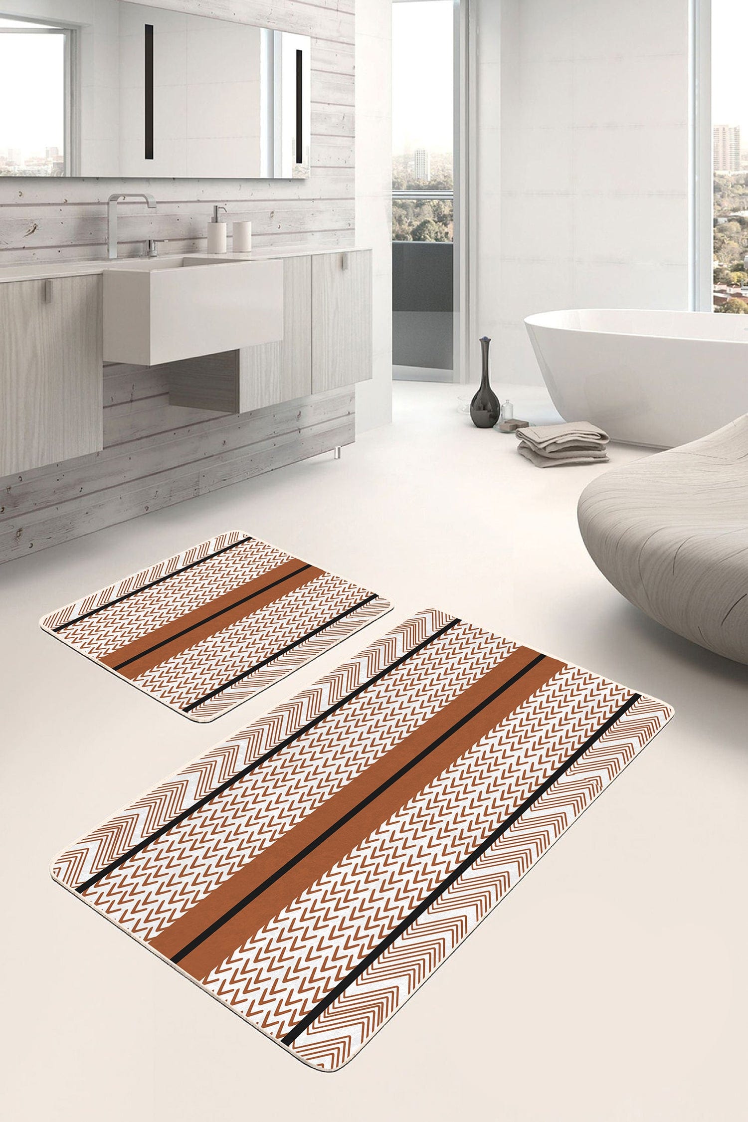 Set di 2 Tappetini da bagno antiscivolo Ferhat BPS368 Rectangle Multicolore, 100 x 60 cm / 60 x 50 cm (2)