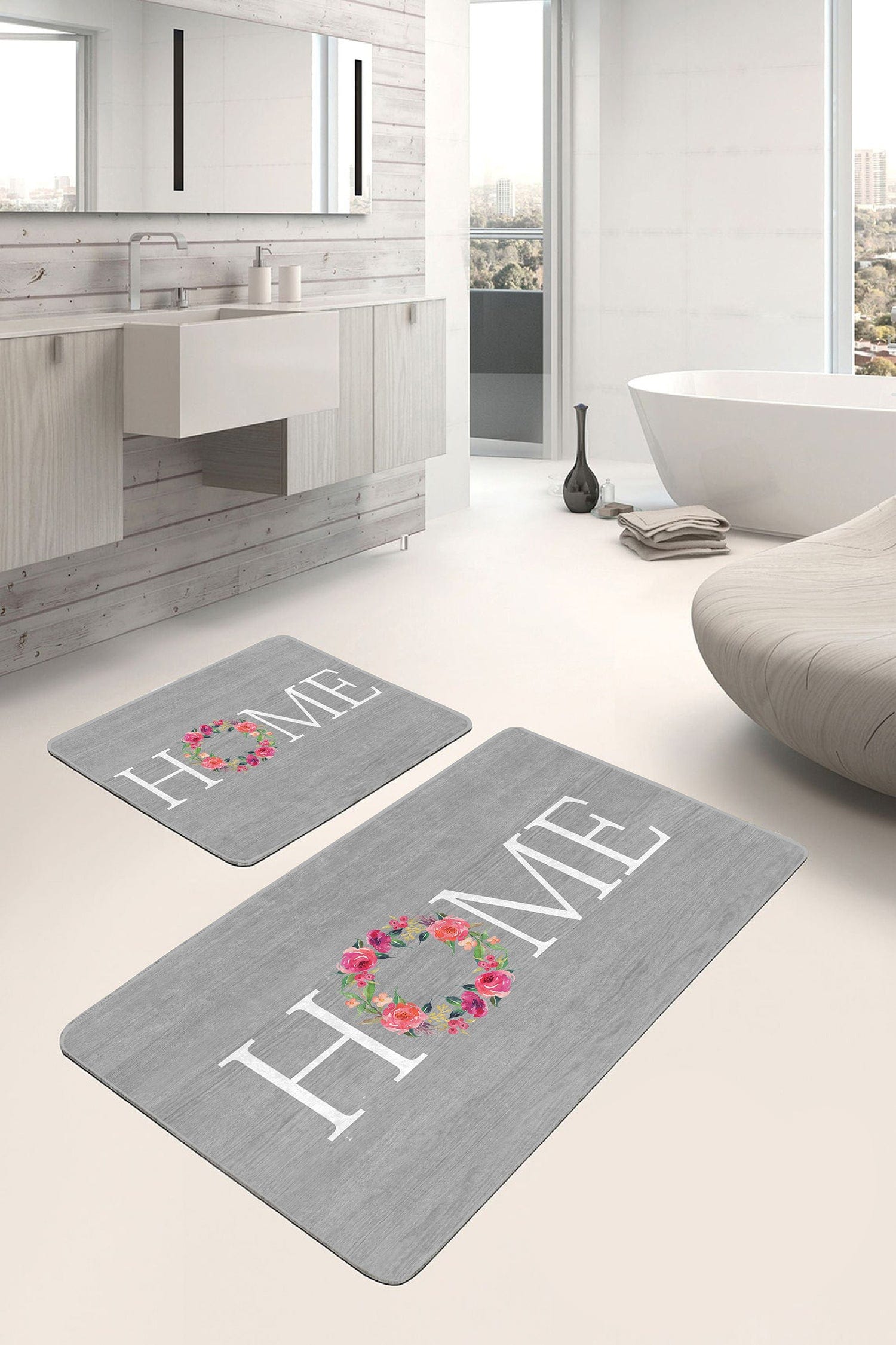 Set di 2 Tappetini da bagno antiscivolo Ferhat BPS371 Rectangle Multicolore, 100 x 60 cm / 60 x 50 cm (2)