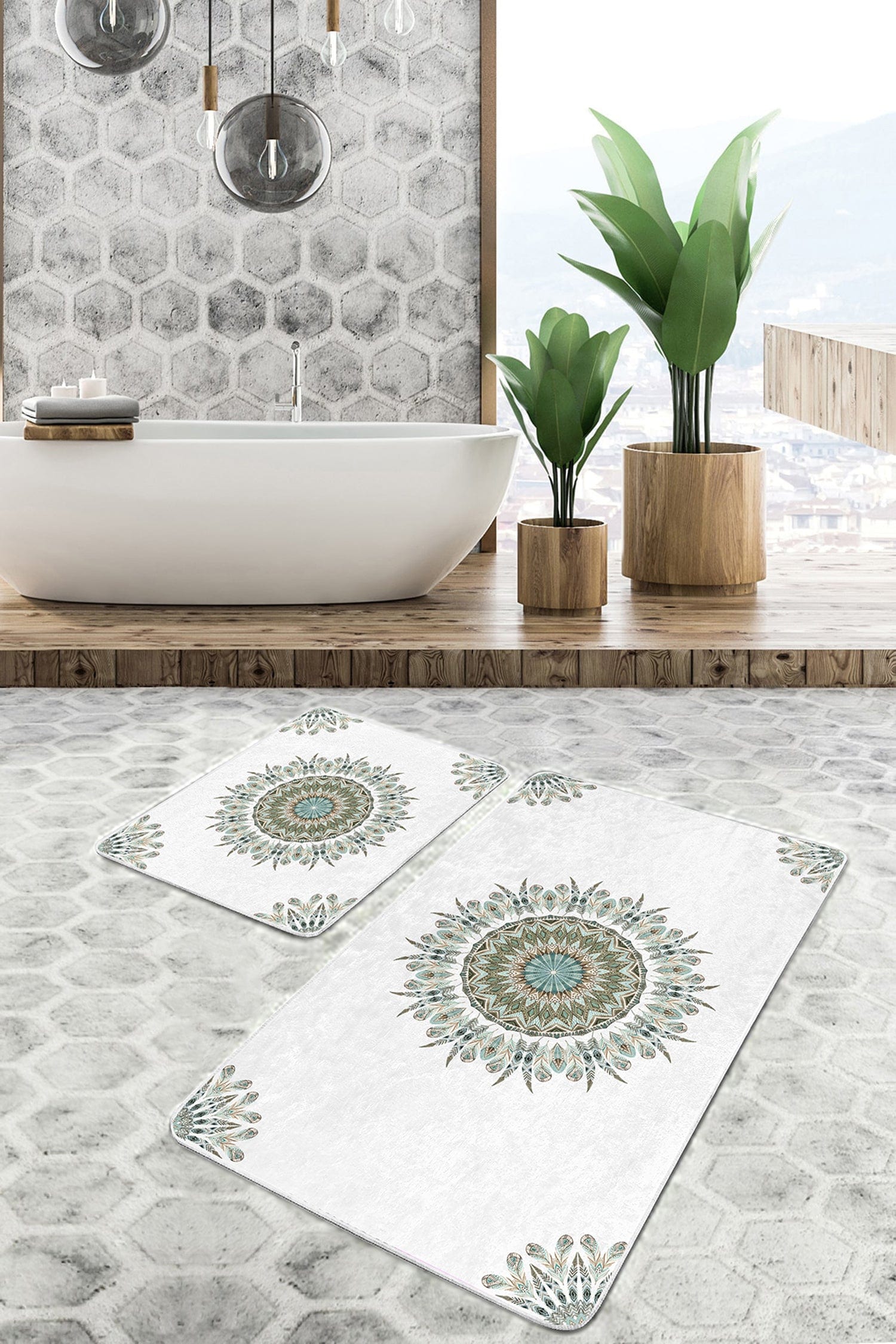 Set di 2 Tappetini da bagno antiscivolo Ferhat BPS372 Rectangle Multicolore, 100 x 60 cm / 60 x 50 cm (2)