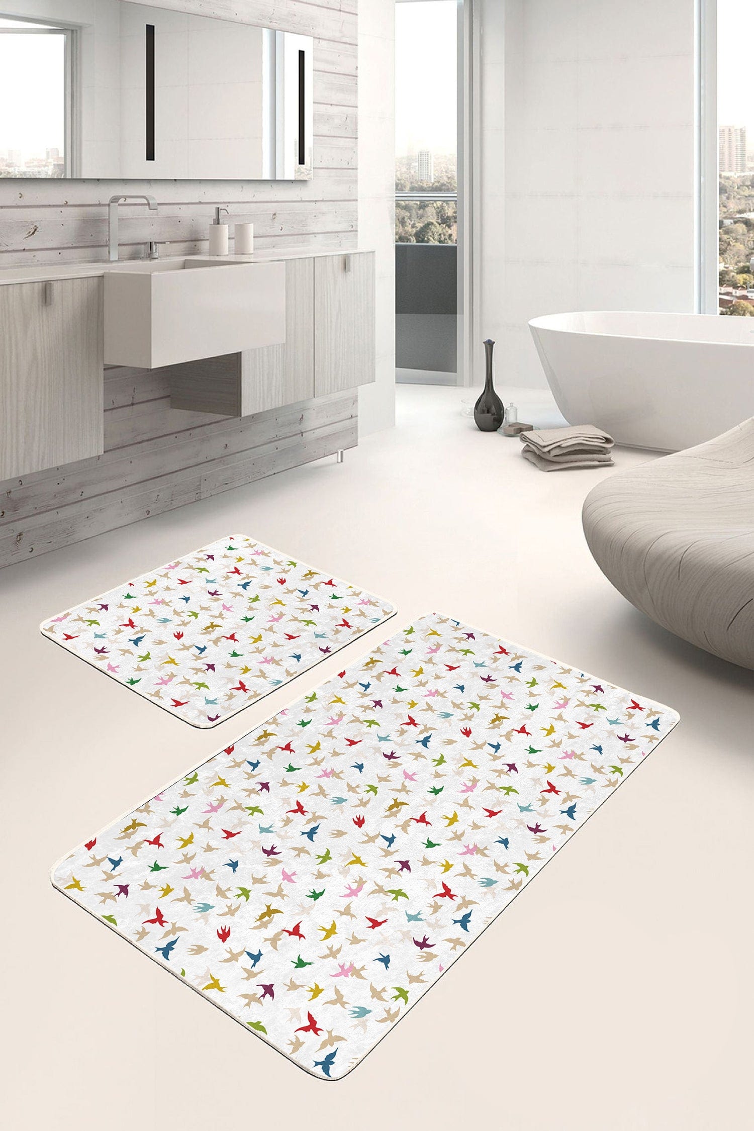 Set di 2 Tappetini da bagno antiscivolo Ferhat BPS374 Rectangle Multicolore, 100 x 60 cm / 60 x 50 cm (2)