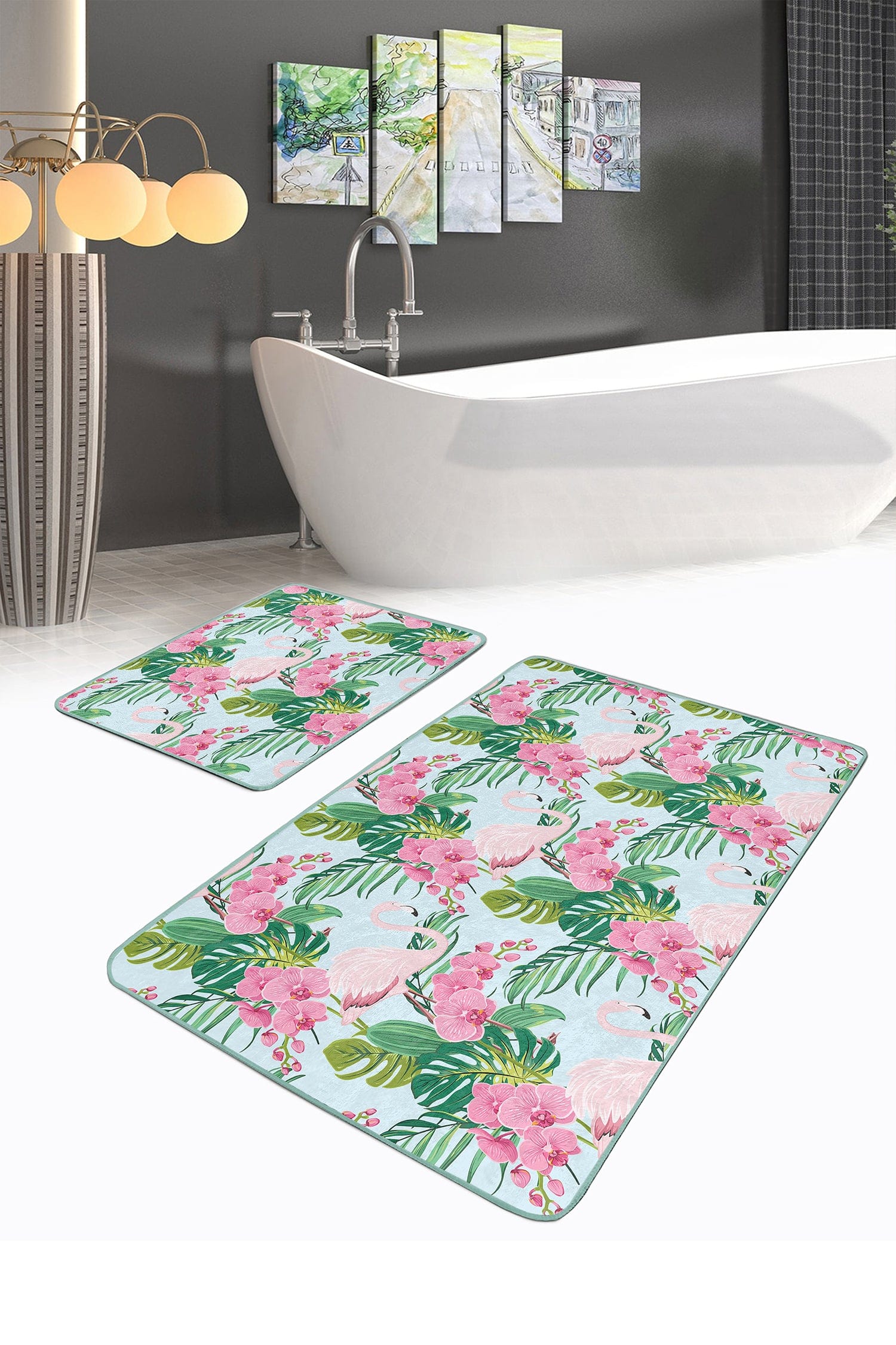 Set di 2 Tappetini da bagno antiscivolo Guven BPS517 Rectangle Multicolore, 100 x 60 cm / 60 x 50 cm (1)