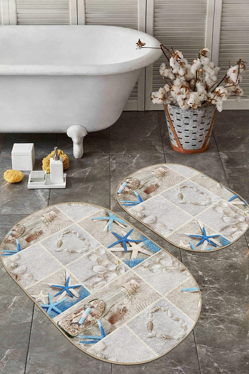 Set di 2 Tappetini da bagno antiscivolo Guven BPS521 Oval Multicolore, 100 x 60 cm / 60 x 50 cm