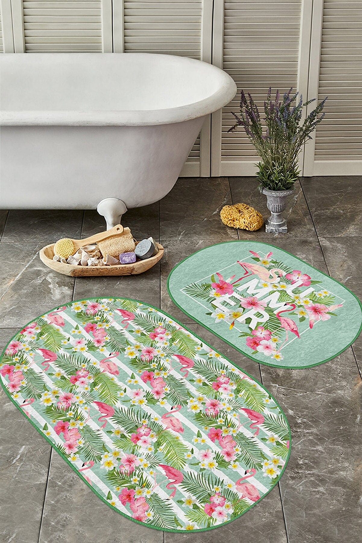 Set di 2 Tappetini da bagno antiscivolo Guven BPS524 Oval Multicolore, 100 x 60 cm / 60 x 50 cm