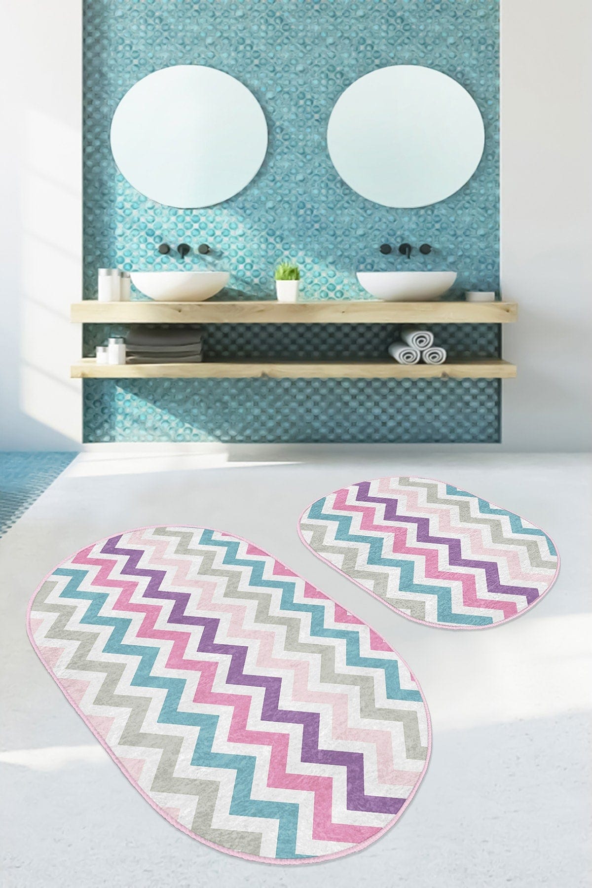 Set di 2 Tappetini da bagno antiscivolo Guven BPS526 Oval Multicolore, 100 x 60 cm / 60 x 50 cm