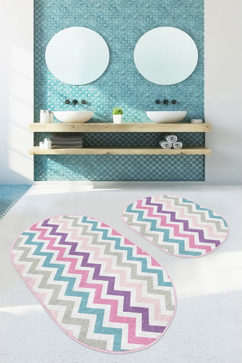 Set di 2 Tappetini da bagno antiscivolo Guven BPS526 Oval Multicolore, 100 x 60 cm / 60 x 50 cm