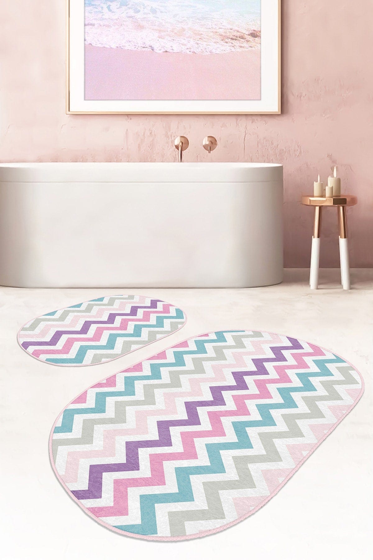 Set di 2 Tappetini da bagno antiscivolo Guven BPS526 Oval Multicolore, 100 x 60 cm / 60 x 50 cm (1)