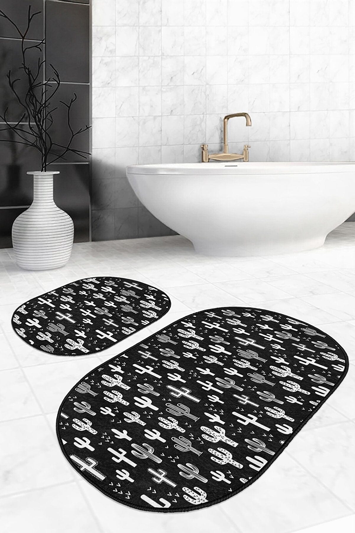 Set di 2 Tappetini da bagno antiscivolo Guven BPS527 Oval Multicolore, 100 x 60 cm / 60 x 50 cm (2)