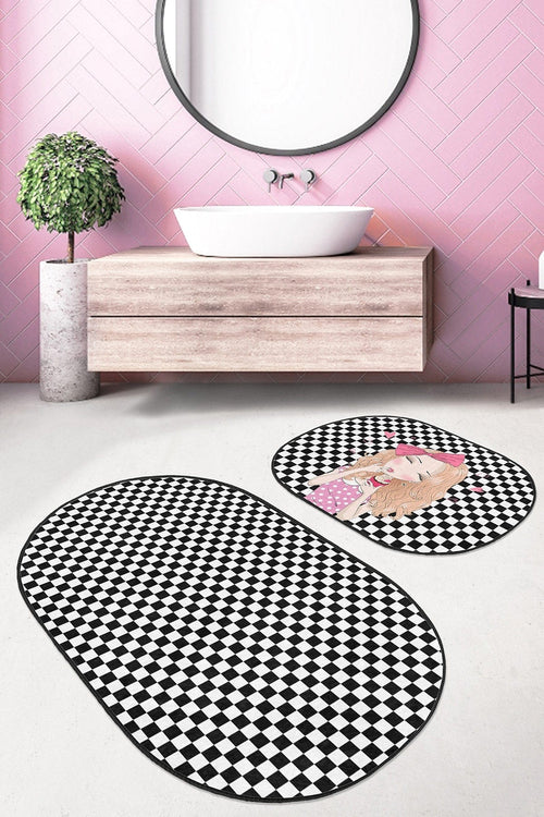 Set di 2 Tappetini da bagno antiscivolo Guven BPS528 Oval Multicolore, 100 x 60 cm / 60 x 50 cm