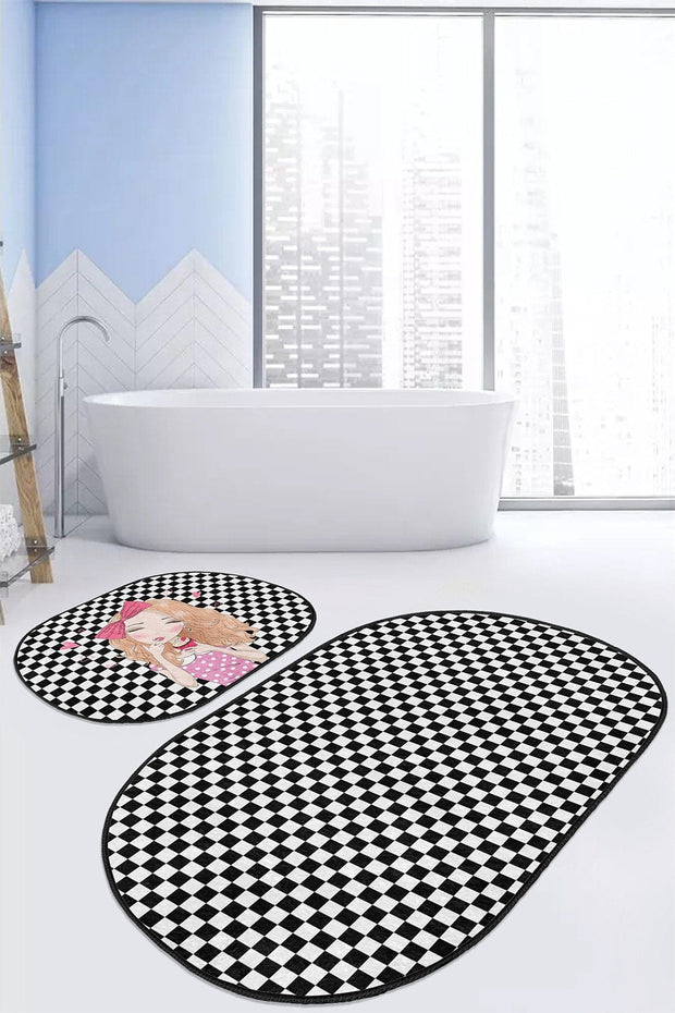 Set di 2 Tappetini da bagno antiscivolo Guven BPS528 Oval Multicolore, 100 x 60 cm / 60 x 50 cm (2)
