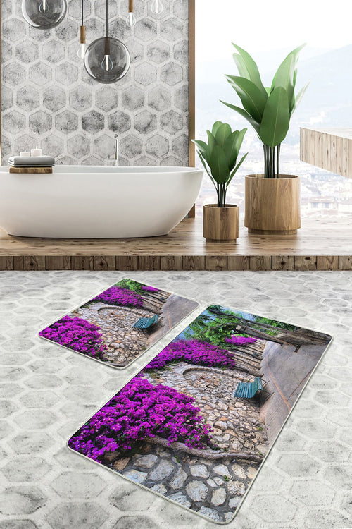Set di 2 Tappetini da bagno antiscivolo Hatice BPS1 Rectangle Multicolore, 100 x 60 cm / 60 x 50 cm