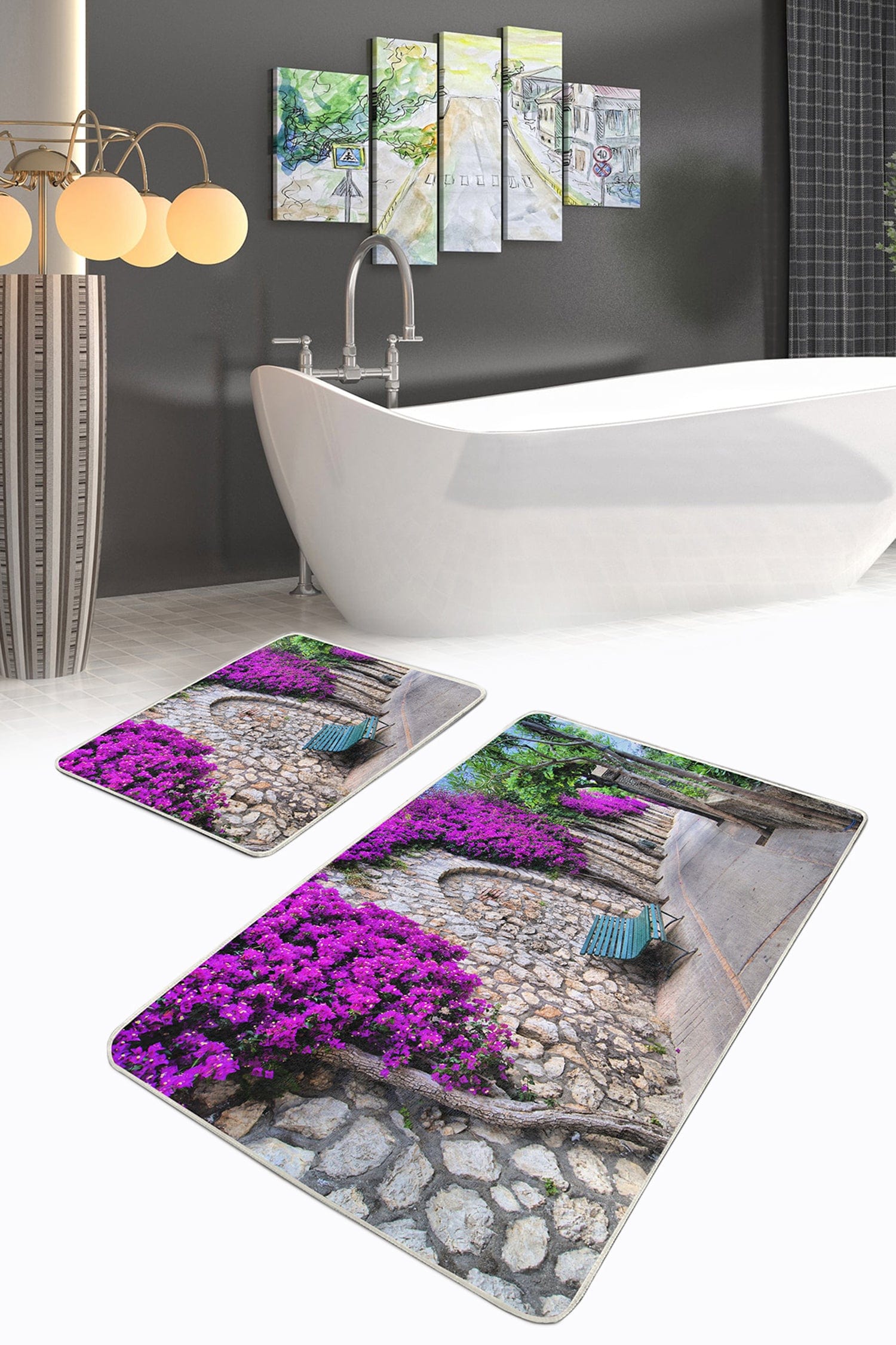 Set di 2 Tappetini da bagno antiscivolo Hatice BPS1 Rectangle Multicolore, 100 x 60 cm / 60 x 50 cm (1)