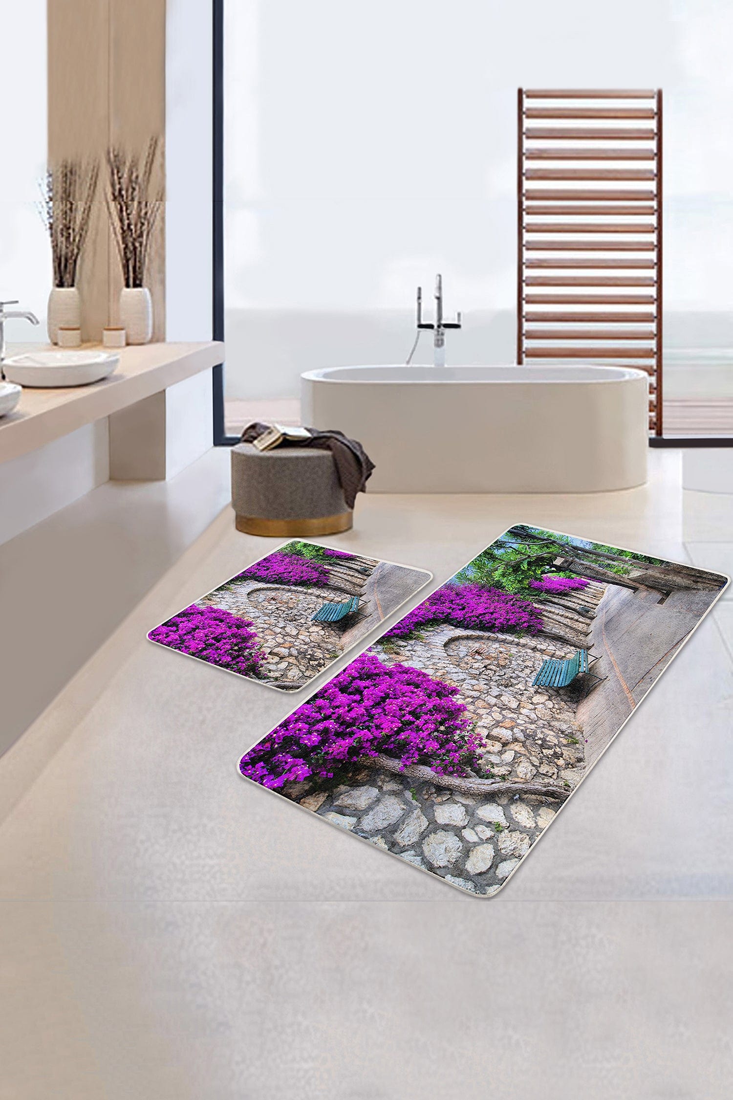 Set di 2 Tappetini da bagno antiscivolo Hatice BPS1 Rectangle Multicolore, 100 x 60 cm / 60 x 50 cm (2)
