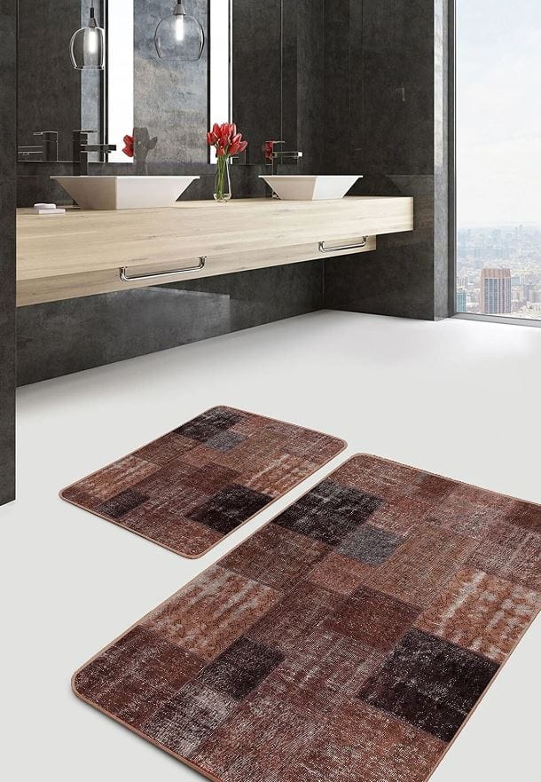 Set di 2 Tappetini da bagno antiscivolo Hatice BPS650 Rectangle Multicolore, 100 x 60 cm / 60 x 50 cm