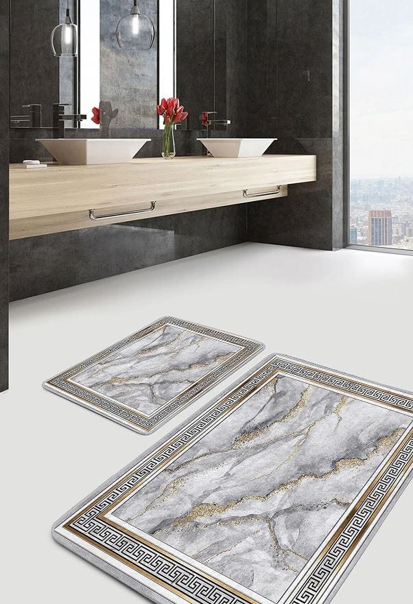 Set di 2 Tappetini da bagno antiscivolo Hatice BPS653 Rectangle Multicolore, 100 x 60 cm / 60 x 50 cm