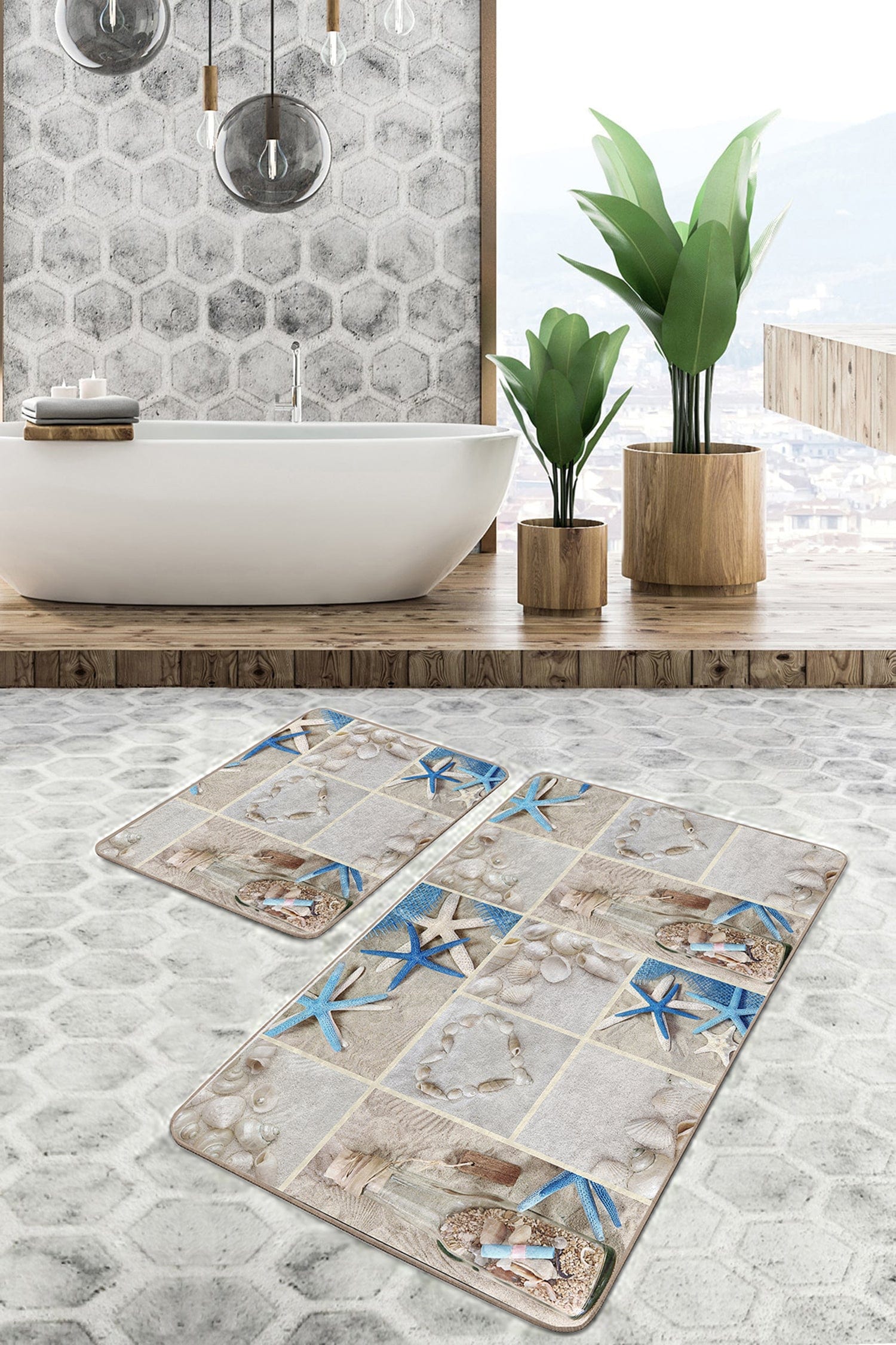 Set di 2 Tappetini da bagno antiscivolo Hulya BPS4 Rectangle Multicolore, 100 x 60 cm / 60 x 50 cm (2)