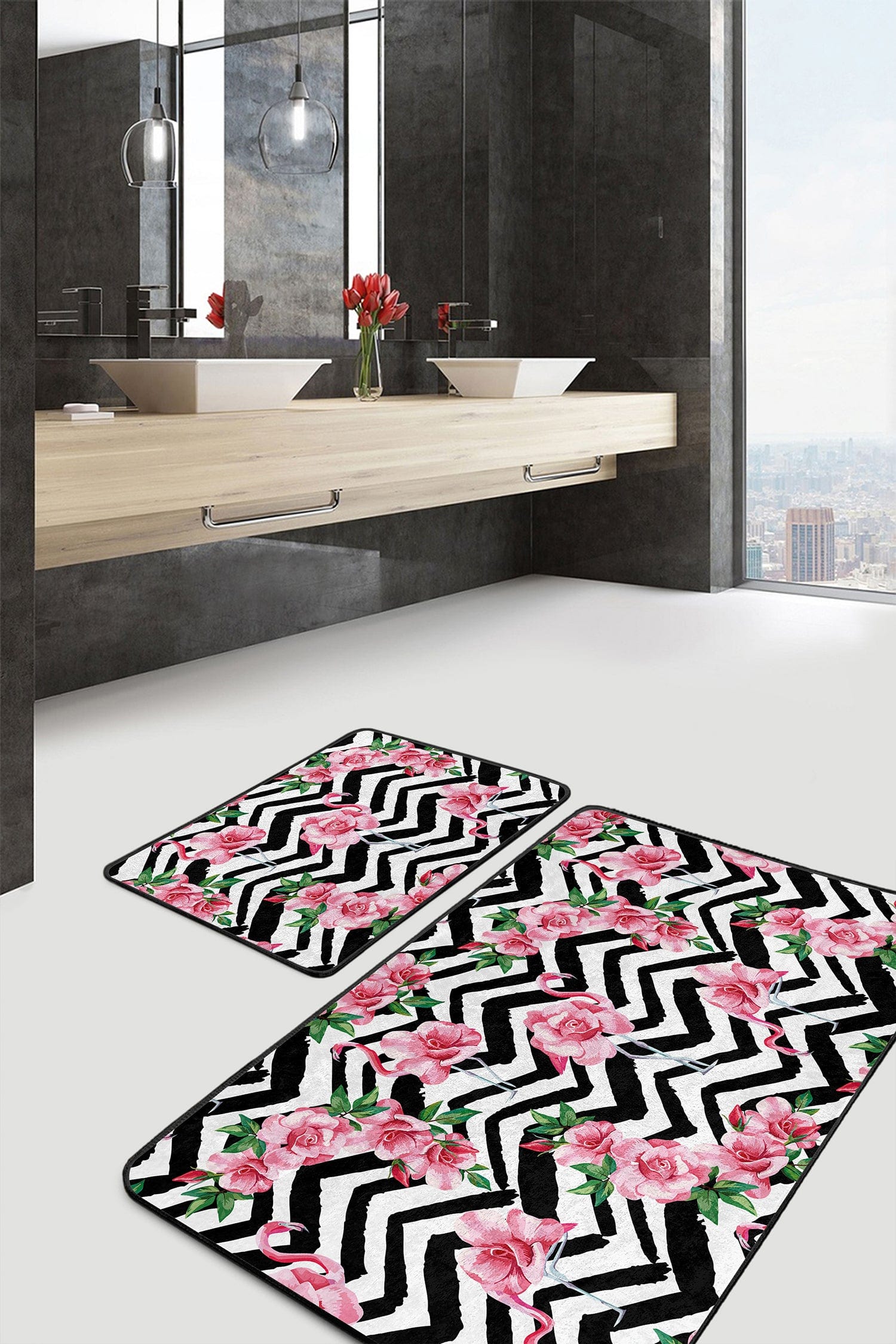 Set di 2 Tappetini da bagno antiscivolo Hulya BPS42 Rectangle Multicolore, 100 x 60 cm / 60 x 50 cm (2)