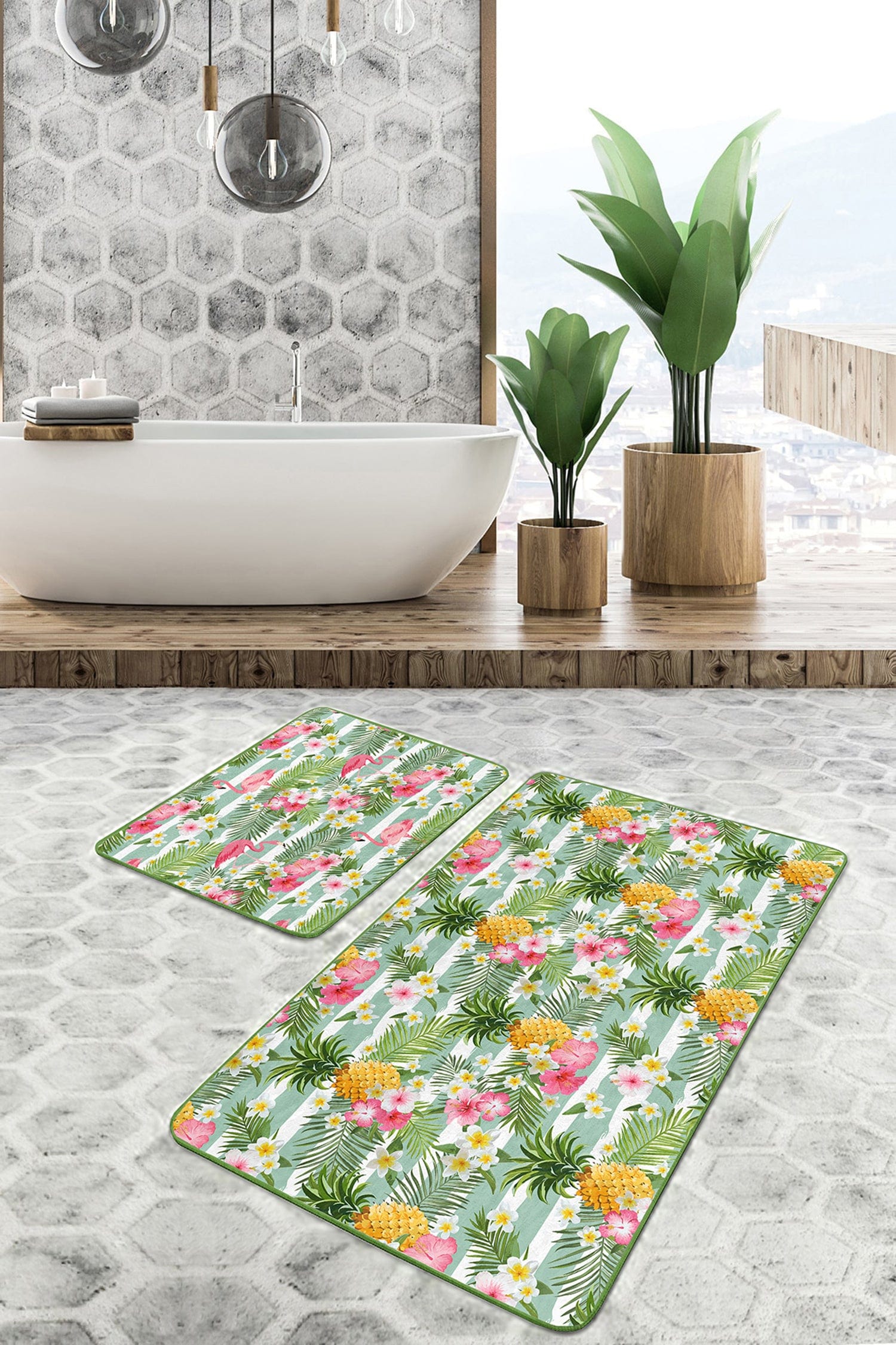 Set di 2 Tappetini da bagno antiscivolo Irem BPS103 Rectangle Multicolore, 100 x 60 cm / 60 x 50 cm