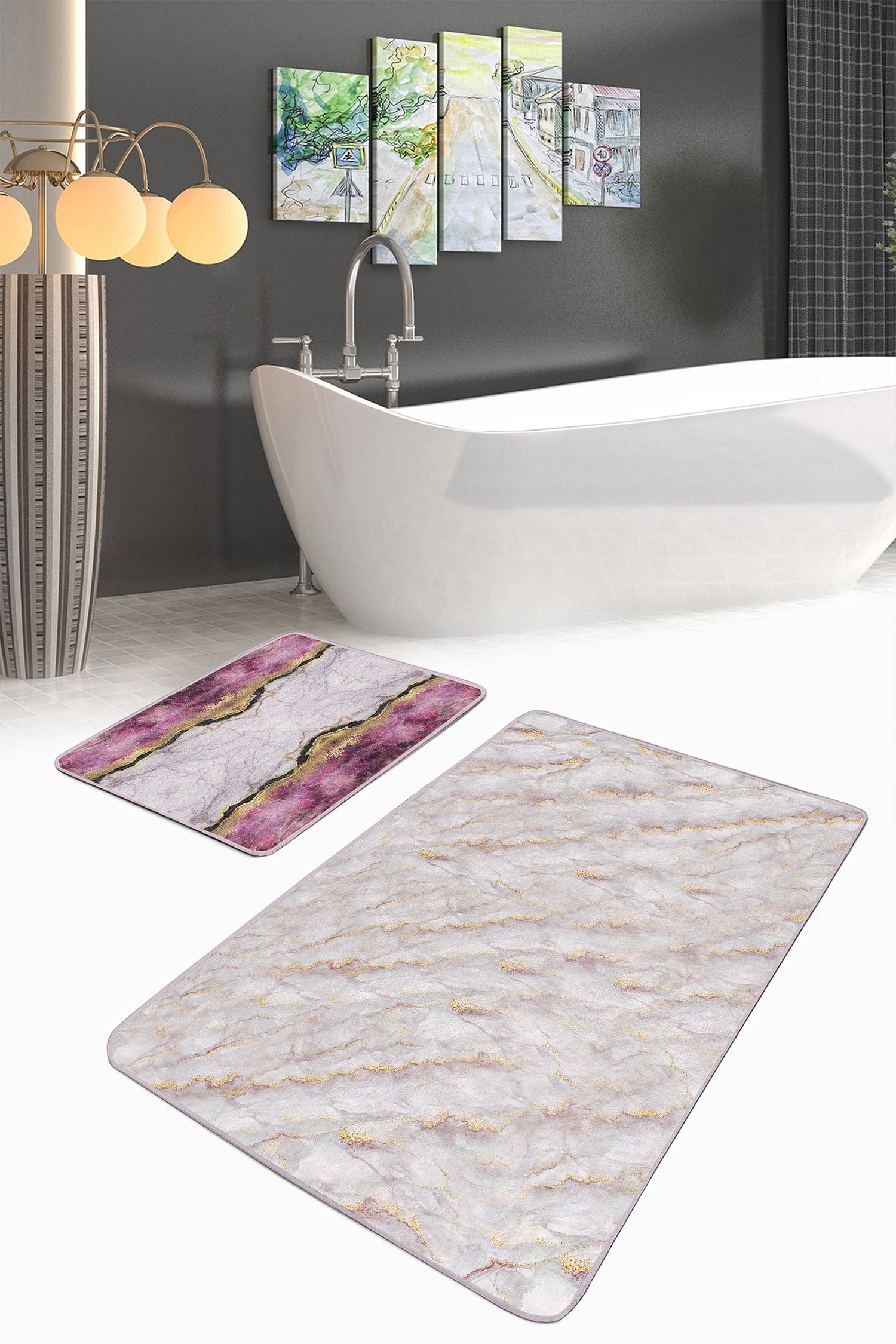 Set di 2 Tappetini da bagno antiscivolo Irem BPS98 Rectangle Multicolore, 100 x 60 cm / 60 x 50 cm (2)