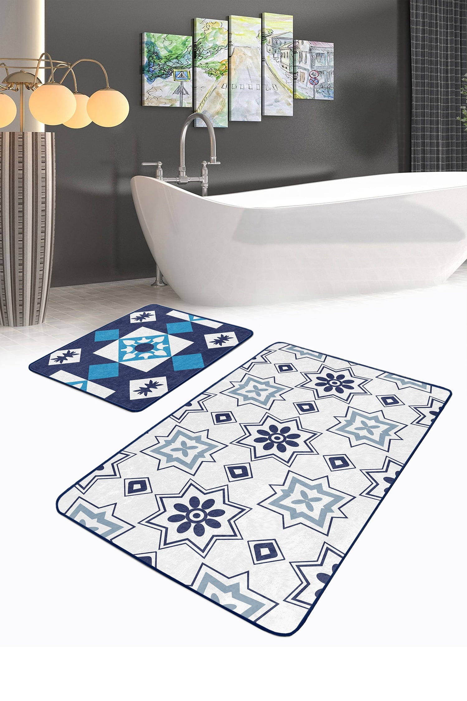 Set di 2 Tappetini da bagno antiscivolo Kader BPS470 Rectangle Multicolore, 100 x 60 cm / 60 x 50 cm (2)