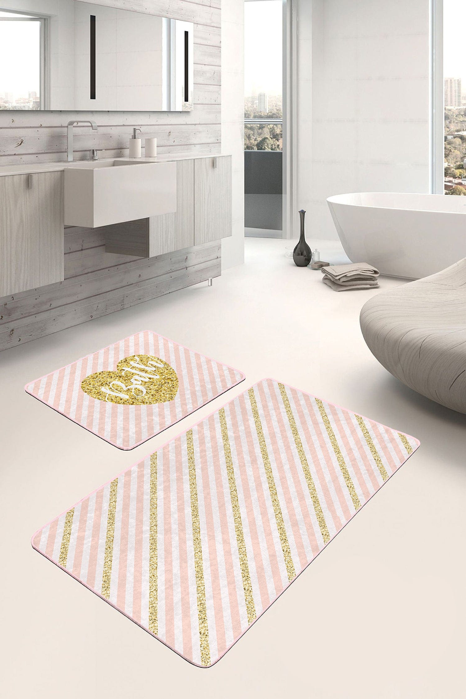 Set di 2 Tappetini da bagno antiscivolo Kenan BPS222 Rectangle Multicolore, 100 x 60 cm / 60 x 50 cm (1)