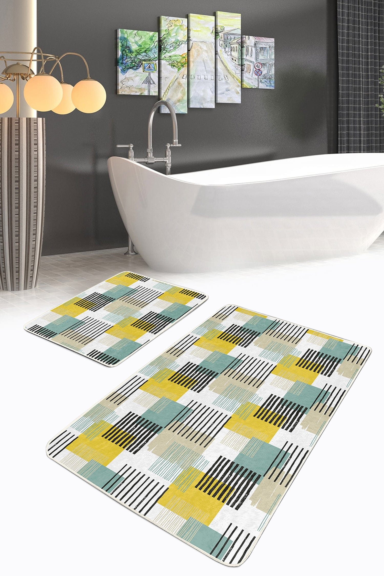 Set di 2 Tappetini da bagno antiscivolo Kenan BPS223 Rectangle Multicolore, 100 x 60 cm / 60 x 50 cm (1)