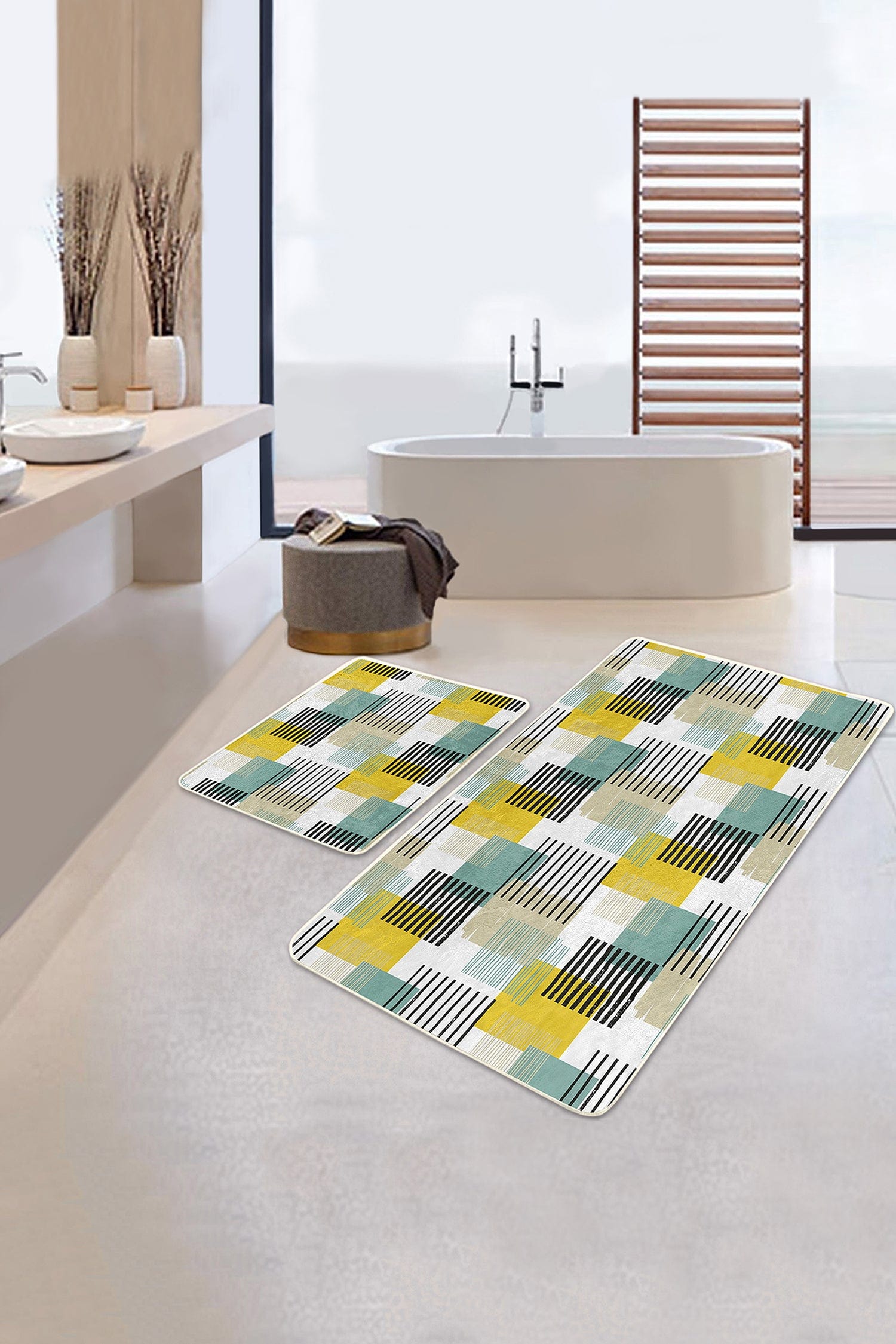 Set di 2 Tappetini da bagno antiscivolo Kenan BPS223 Rectangle Multicolore, 100 x 60 cm / 60 x 50 cm (2)