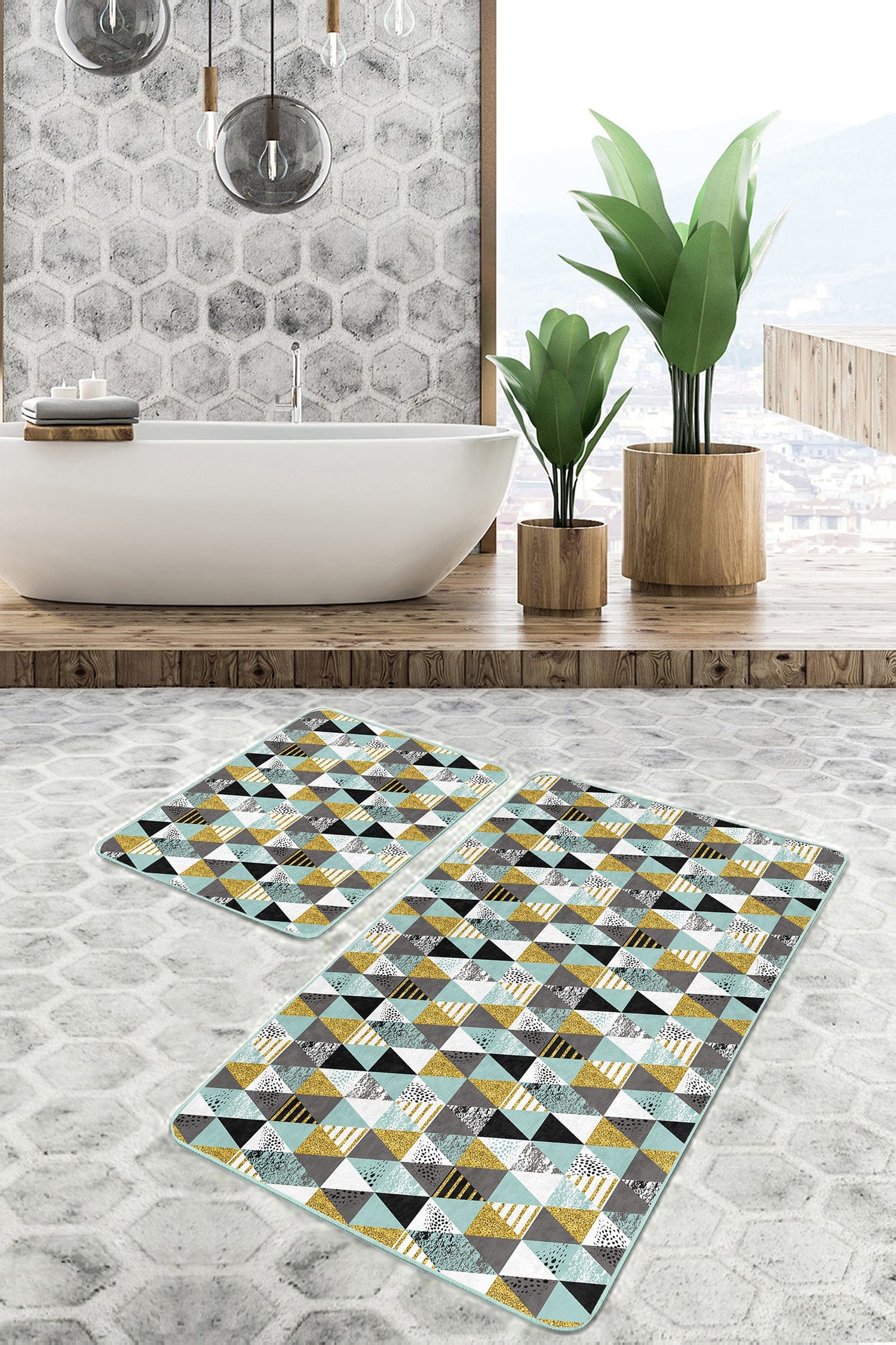 Set di 2 Tappetini da bagno antiscivolo Kenan BPS224 Rectangle Multicolore, 100 x 60 cm / 60 x 50 cm (1)