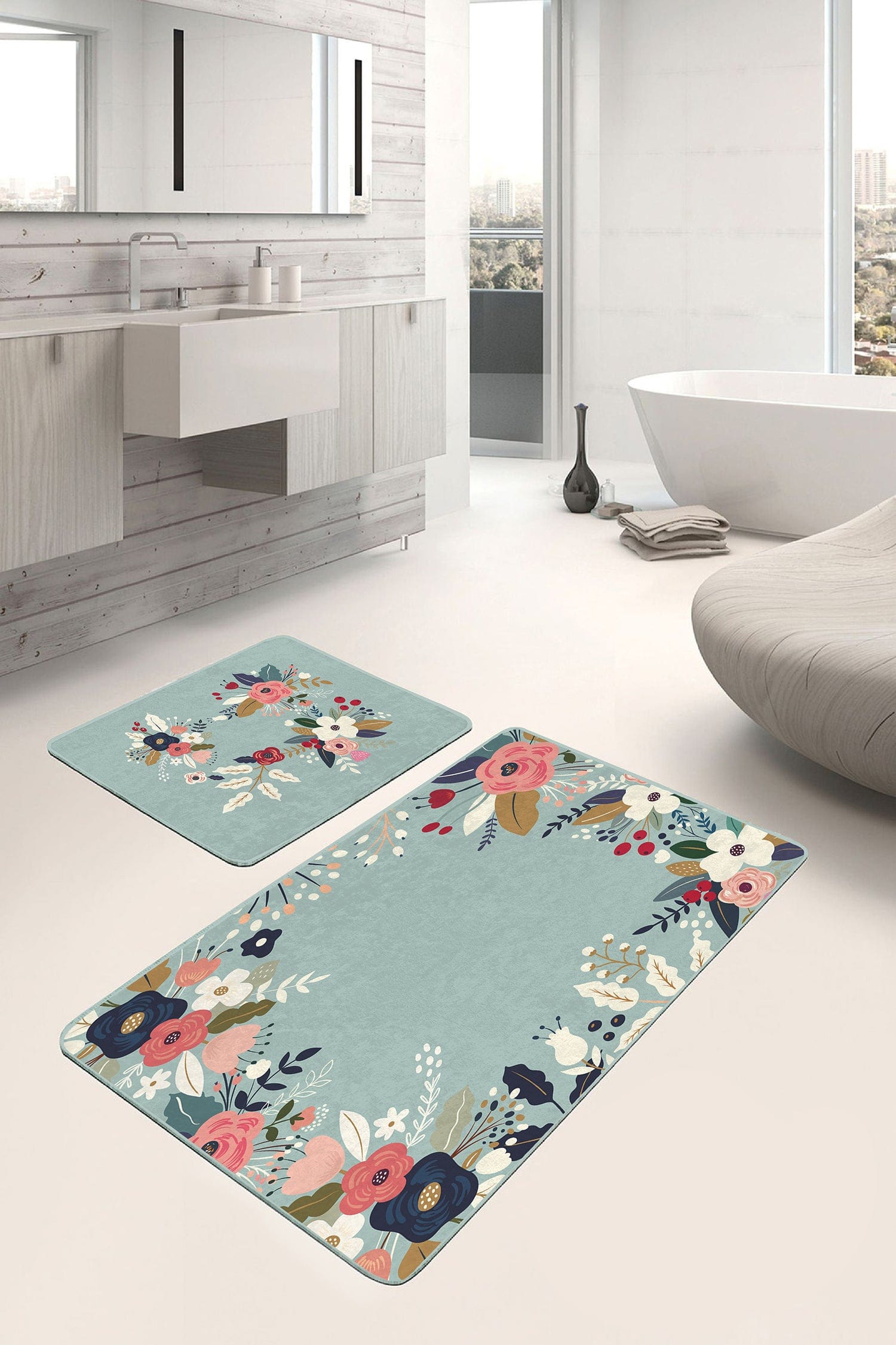 Set di 2 Tappetini da bagno antiscivolo Lale BPS210 Rectangle Multicolore, 100 x 60 cm / 60 x 50 cm (2)