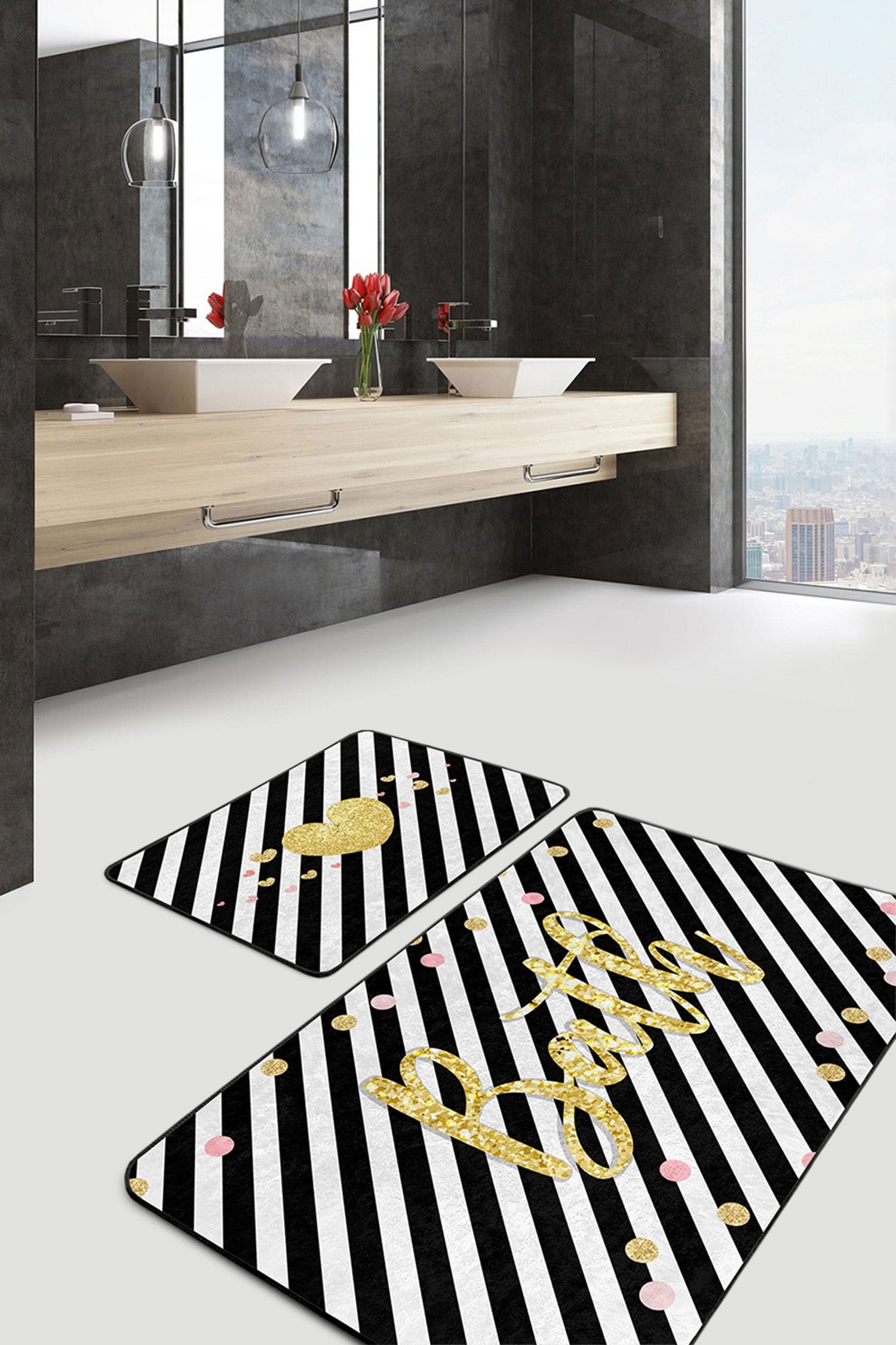 Set di 2 Tappetini da bagno antiscivolo Lale BPS213 Rectangle Multicolore, 100 x 60 cm / 60 x 50 cm
