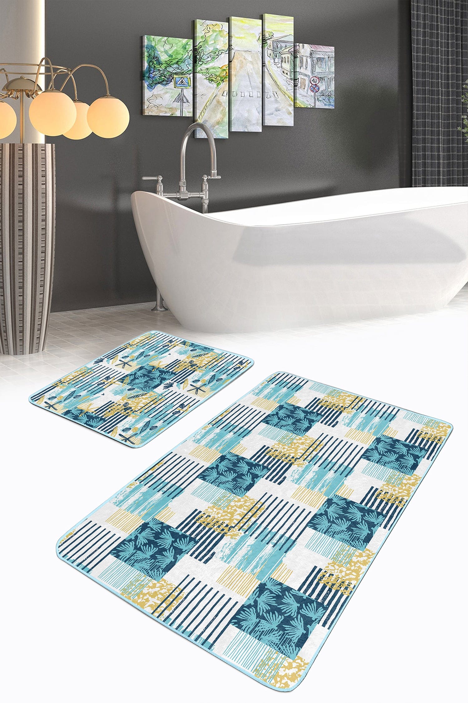 Set di 2 Tappetini da bagno antiscivolo Lale BPS217 Rectangle Multicolore, 100 x 60 cm / 60 x 50 cm (1)