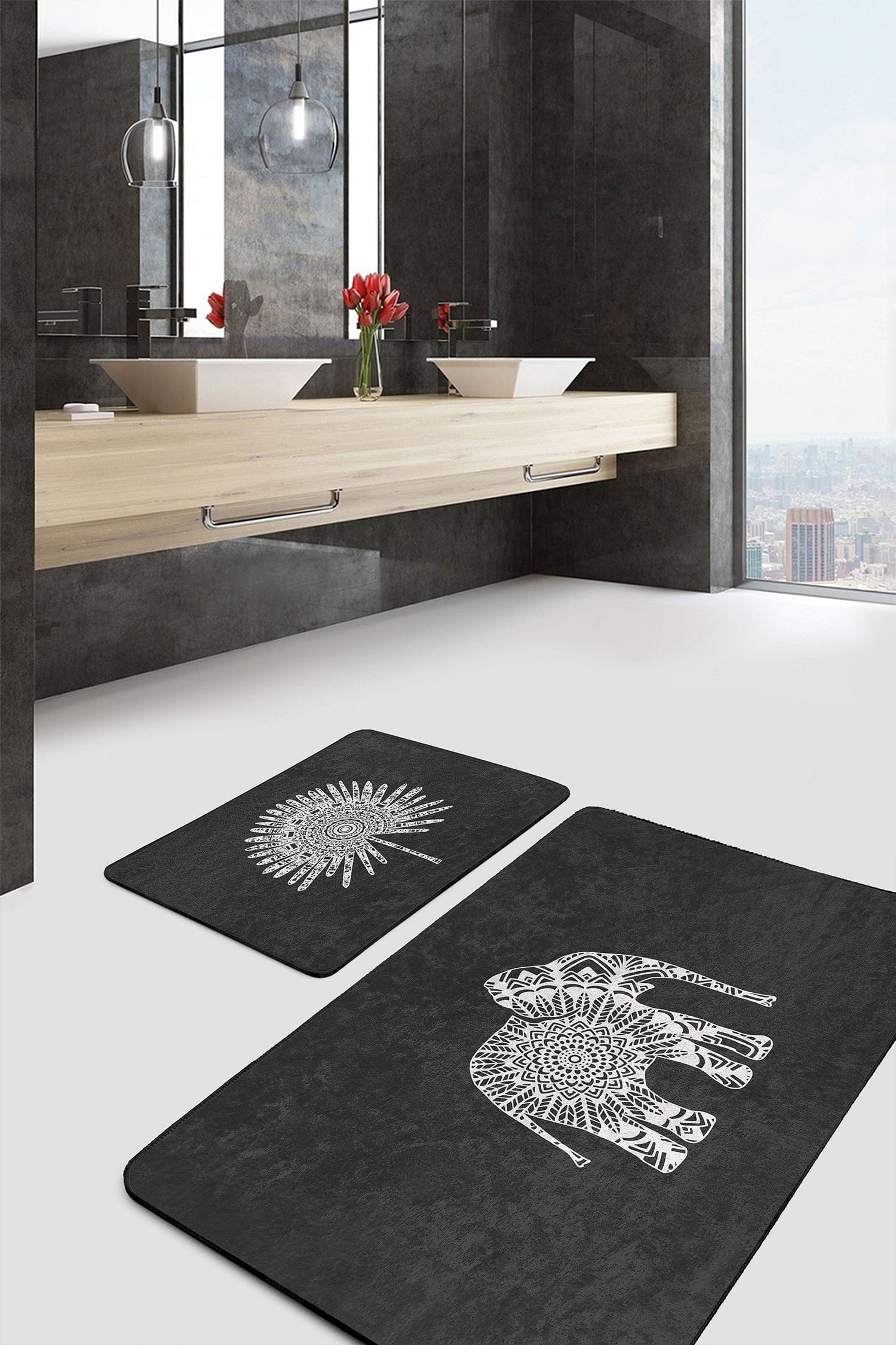 Set di 2 Tappetini da bagno antiscivolo Leyla BPS507 Rectangle Multicolore, 100 x 60 cm / 60 x 50 cm (2)