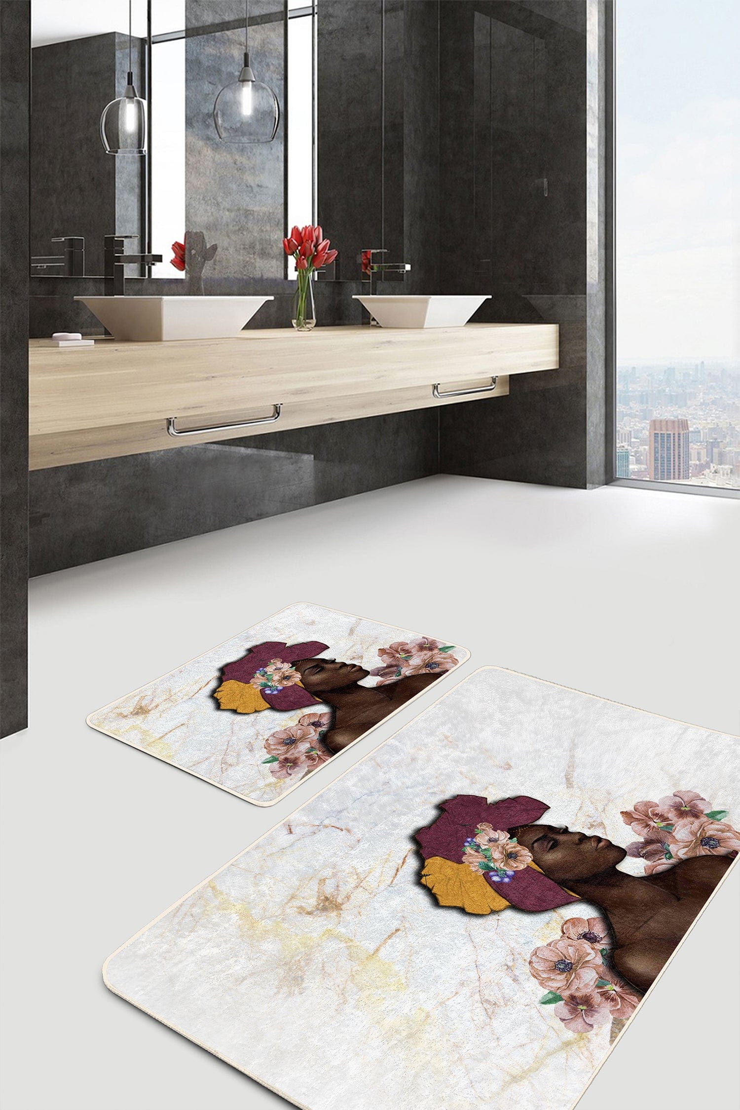 Set di 2 Tappetini da bagno antiscivolo Leyla BPS515 Rectangle Multicolore, 100 x 60 cm / 60 x 50 cm