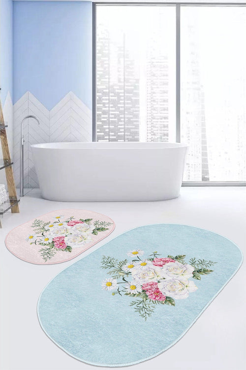 Set di 2 Tappetini da bagno antiscivolo Leyla BPS522 Oval Multicolore, 100 x 60 cm / 60 x 50 cm