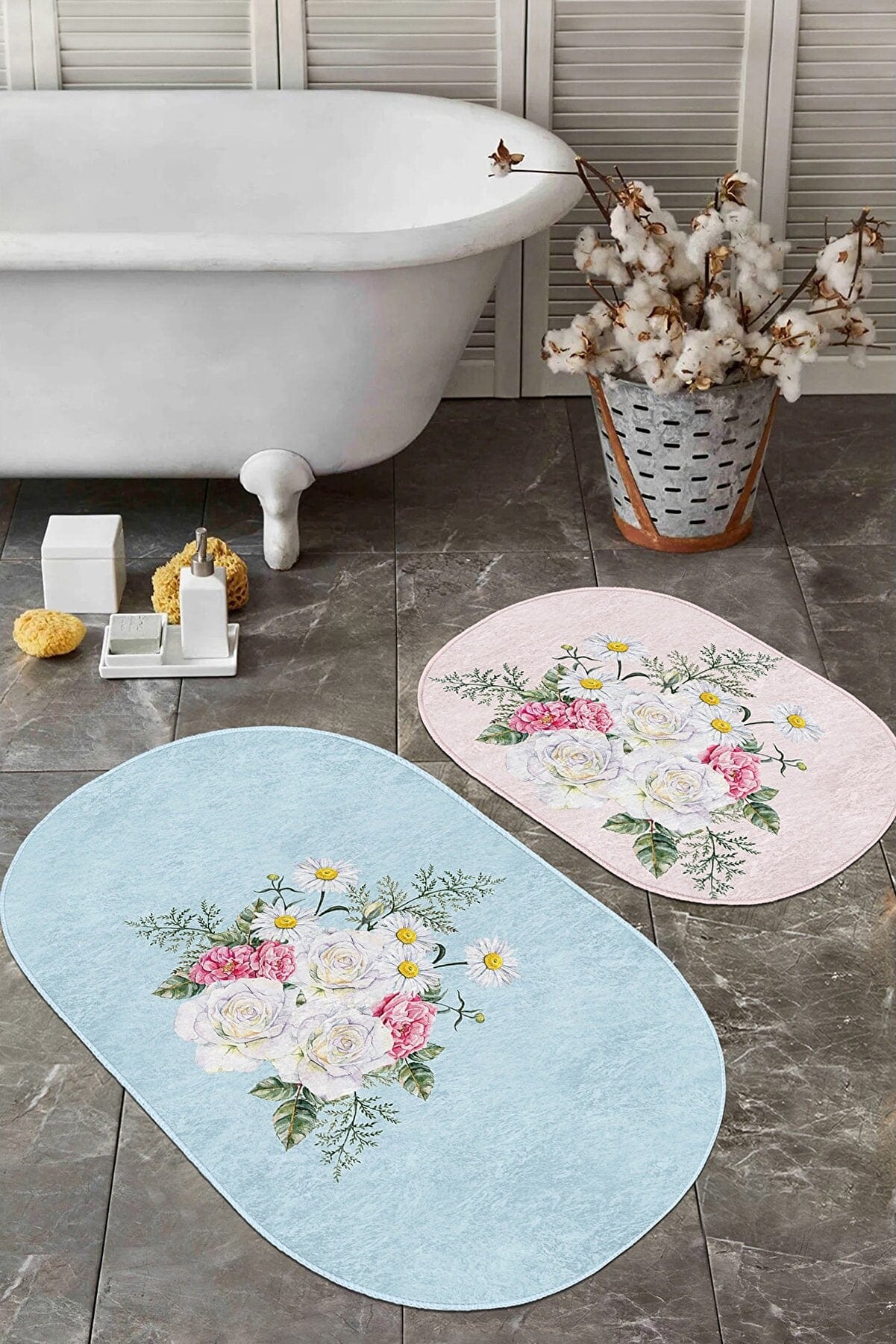Set di 2 Tappetini da bagno antiscivolo Leyla BPS522 Oval Multicolore, 100 x 60 cm / 60 x 50 cm (2)