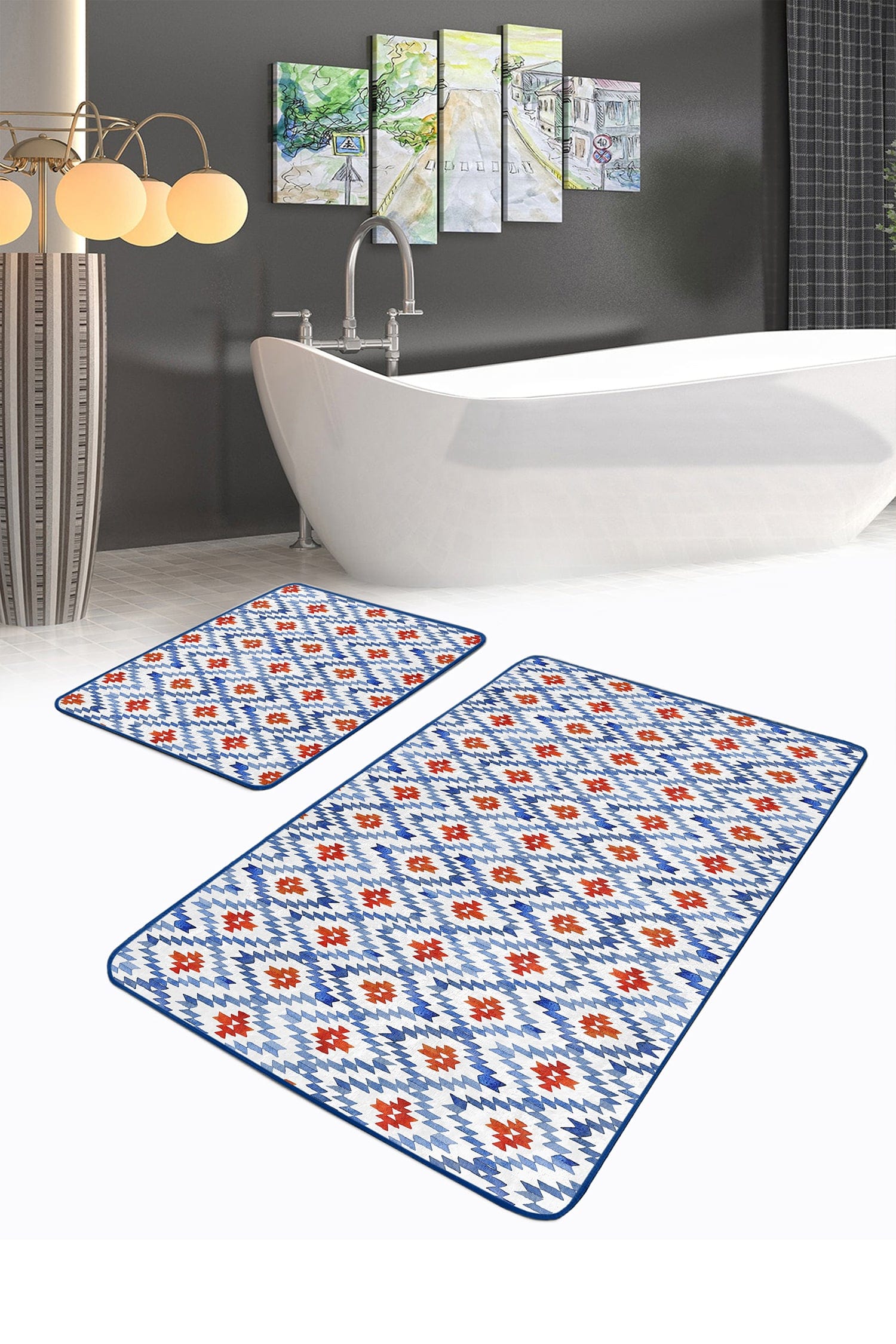 Set di 2 Tappetini da bagno antiscivolo Melike BPS444 Rectangle Multicolore, 100 x 60 cm / 60 x 50 cm