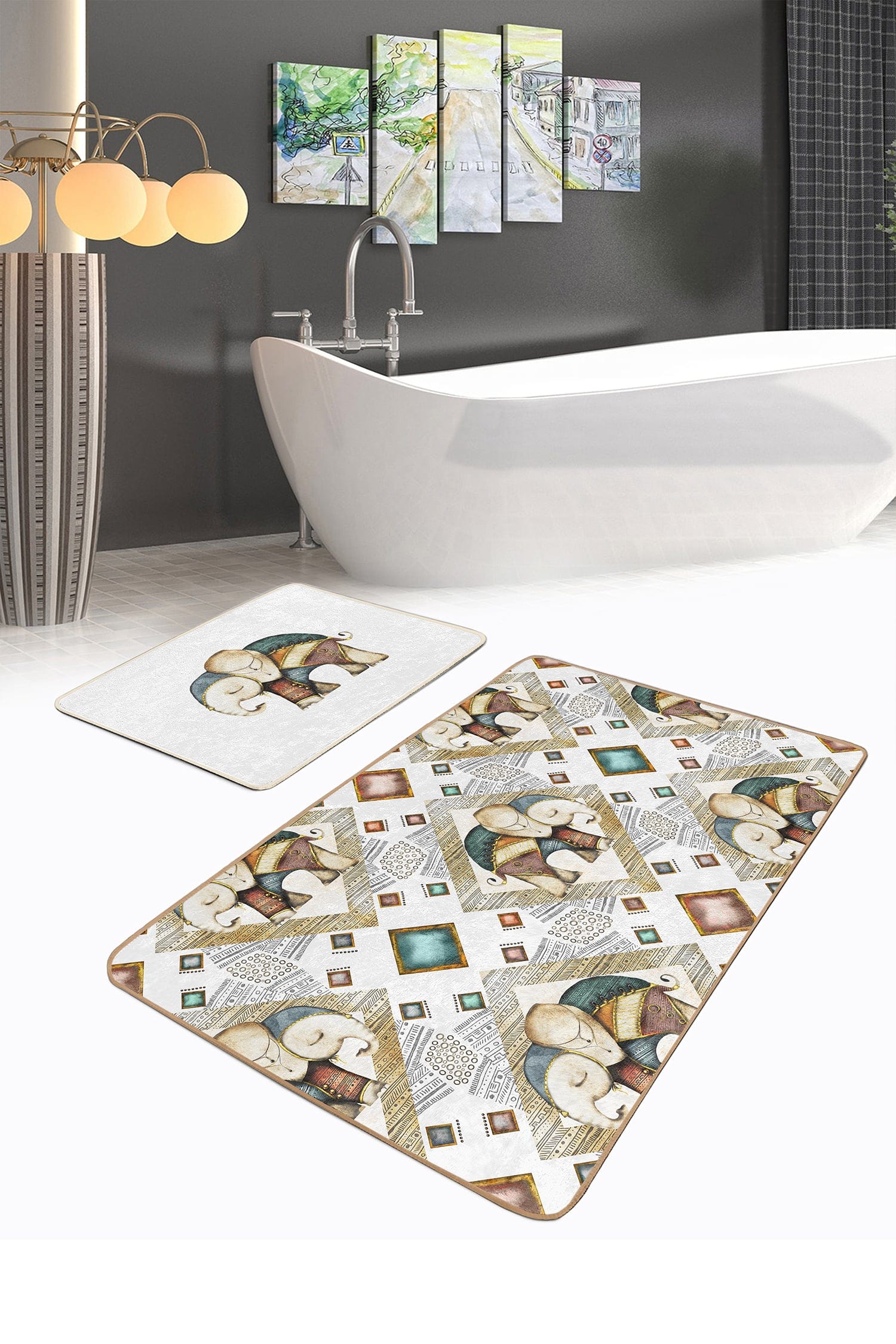 Set di 2 Tappetini da bagno antiscivolo Melike BPS449 Rectangle Multicolore, 100 x 60 cm / 60 x 50 cm
