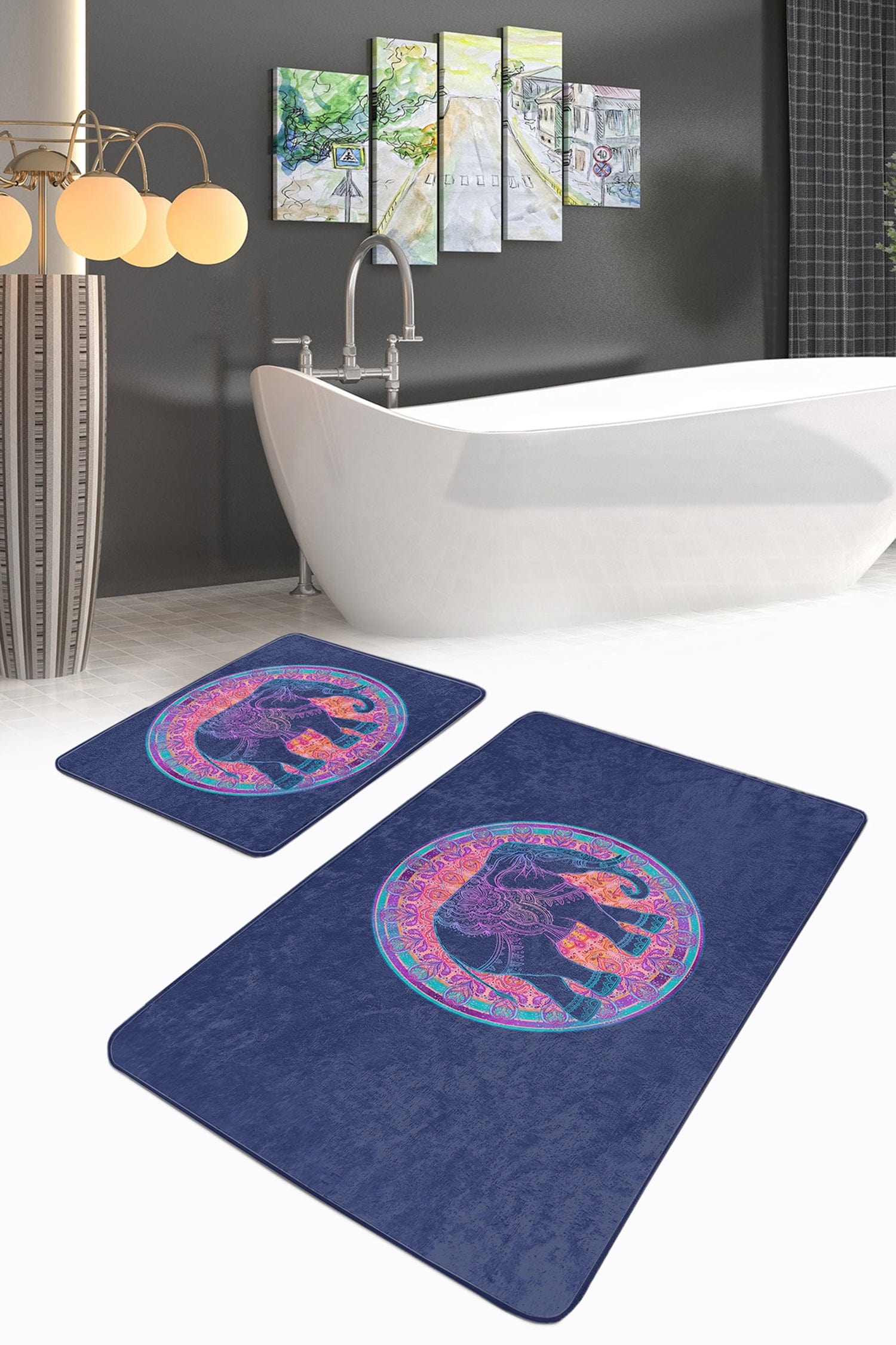 Set di 2 Tappetini da bagno antiscivolo Melo BPS78 Rectangle Multicolore, 100 x 60 cm / 60 x 50 cm (2)