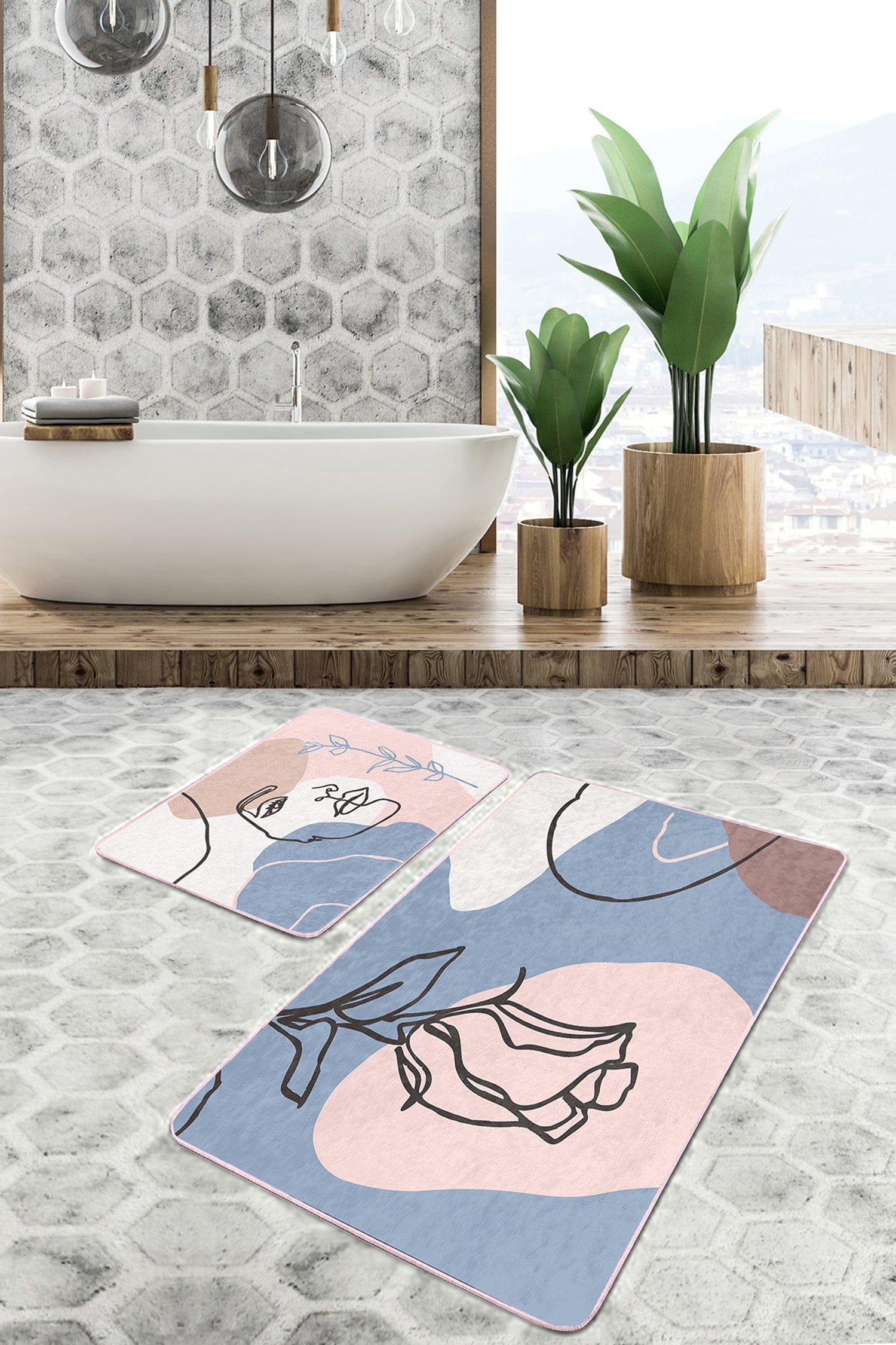 Set di 2 Tappetini da bagno antiscivolo Metin BPS89 Rectangle Multicolore, 100 x 60 cm / 60 x 50 cm (2)