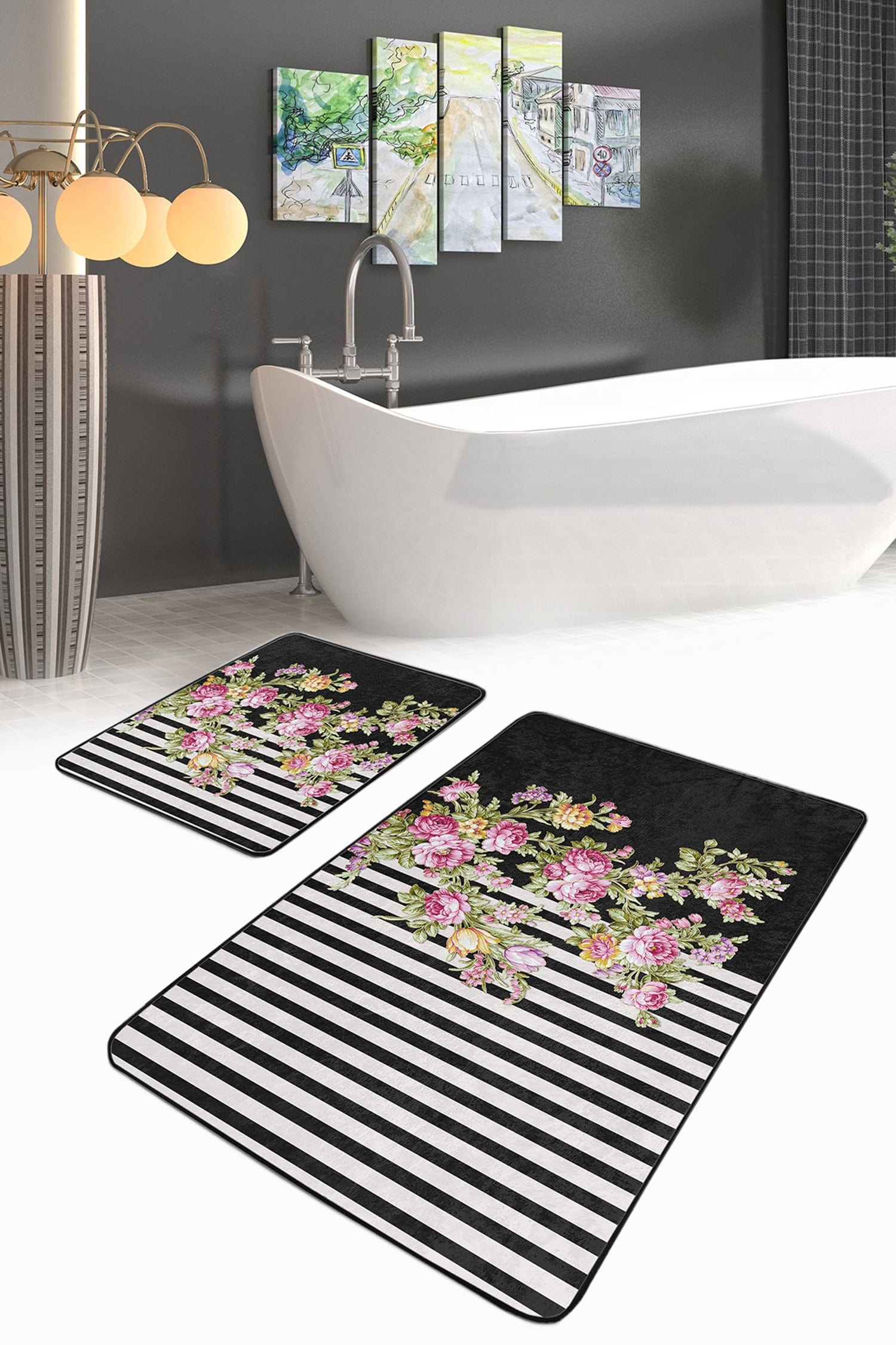 Set di 2 Tappetini da bagno antiscivolo Miran BPS49 Rectangle Multicolore, 100 x 60 cm / 60 x 50 cm (2)