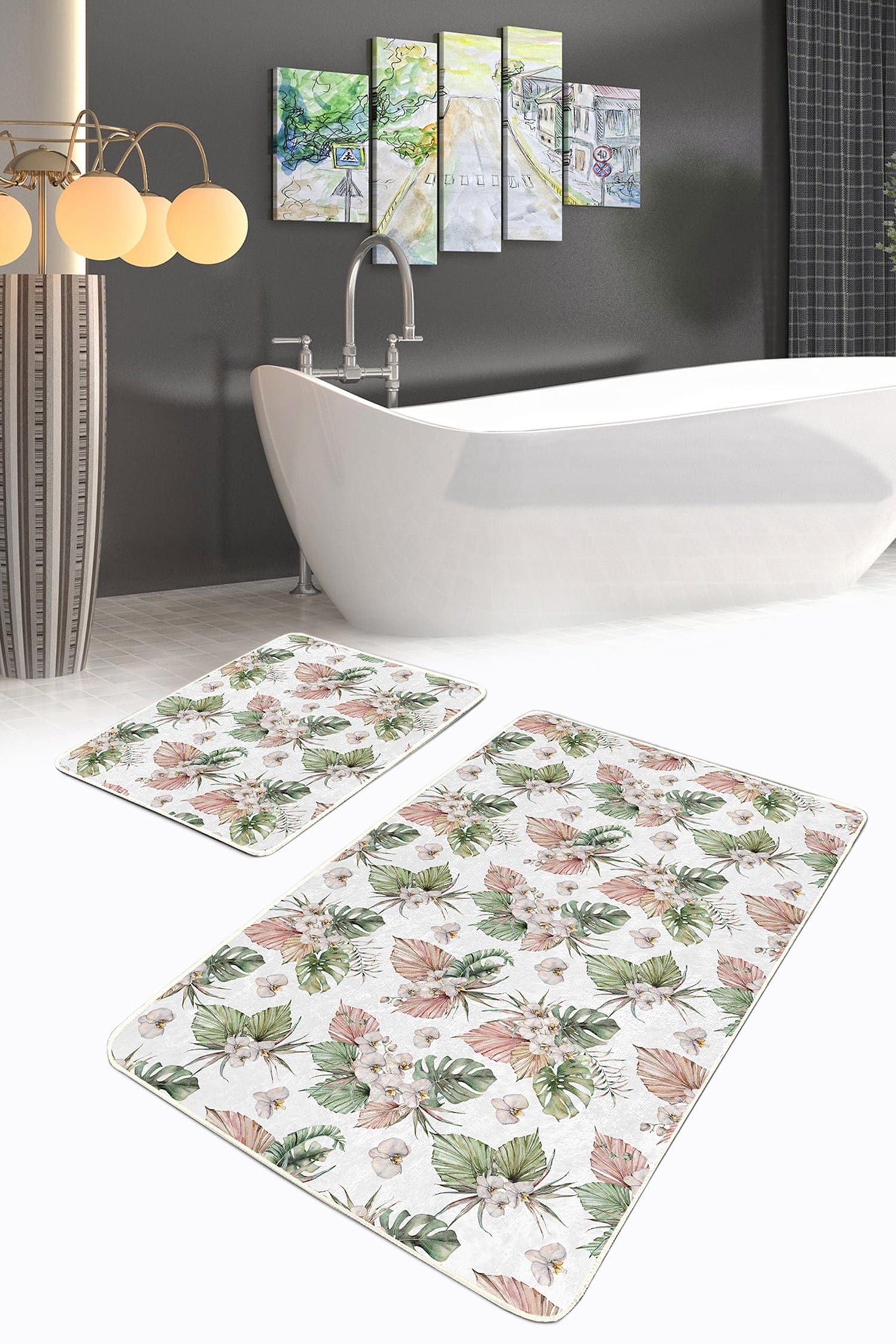 Set di 2 Tappetini da bagno antiscivolo Nuray BPS303 Rectangle Multicolore, 100 x 60 cm / 60 x 50 cm (2)