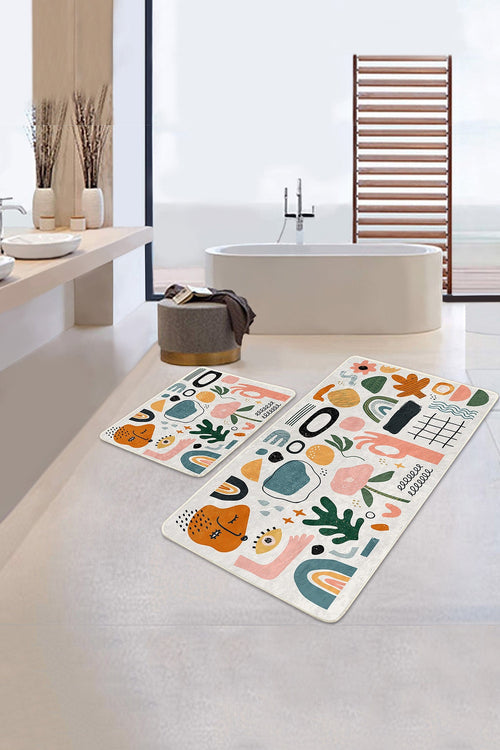 Hillkar Global Set di 2 Tappetini da bagno antiscivolo Nuray BPS304 Rectangle Multicolore, 100 x 60 cm / 60 x 50 cm