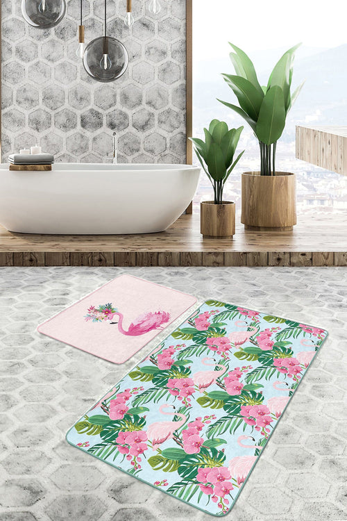Set di 2 Tappetini da bagno antiscivolo Omer BPS461 Rectangle Multicolore, 100 x 60 cm / 60 x 50 cm