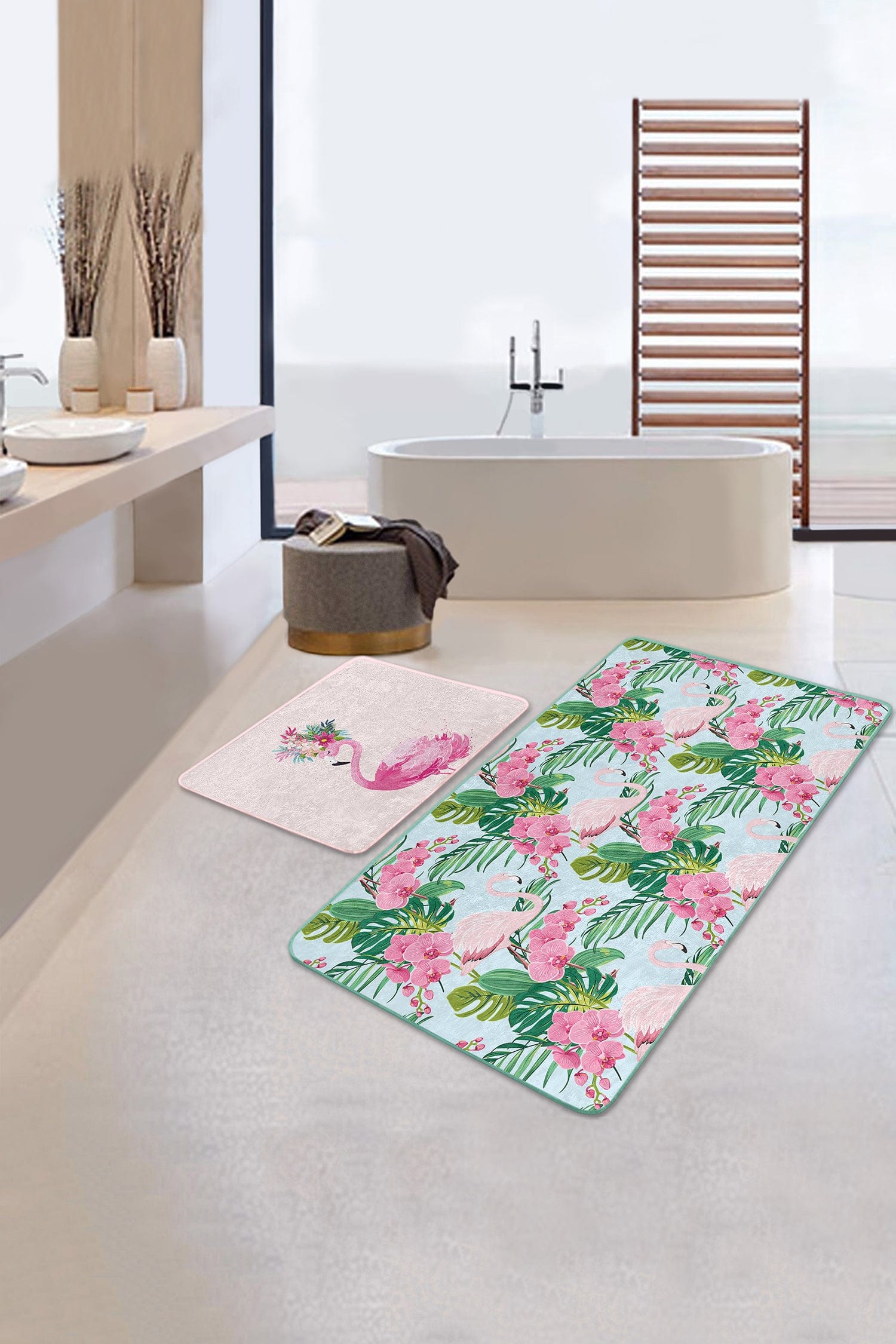 Set di 2 Tappetini da bagno antiscivolo Omer BPS461 Rectangle Multicolore, 100 x 60 cm / 60 x 50 cm (2)