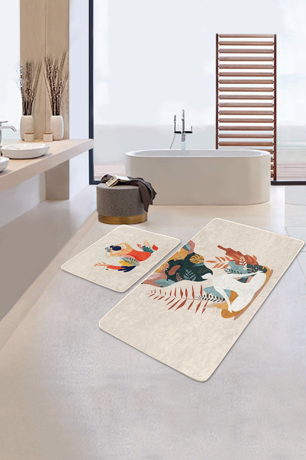 Set di 2 Tappetini da bagno antiscivolo Omer BPS463 Rectangle Multicolore, 100 x 60 cm / 60 x 50 cm (2)